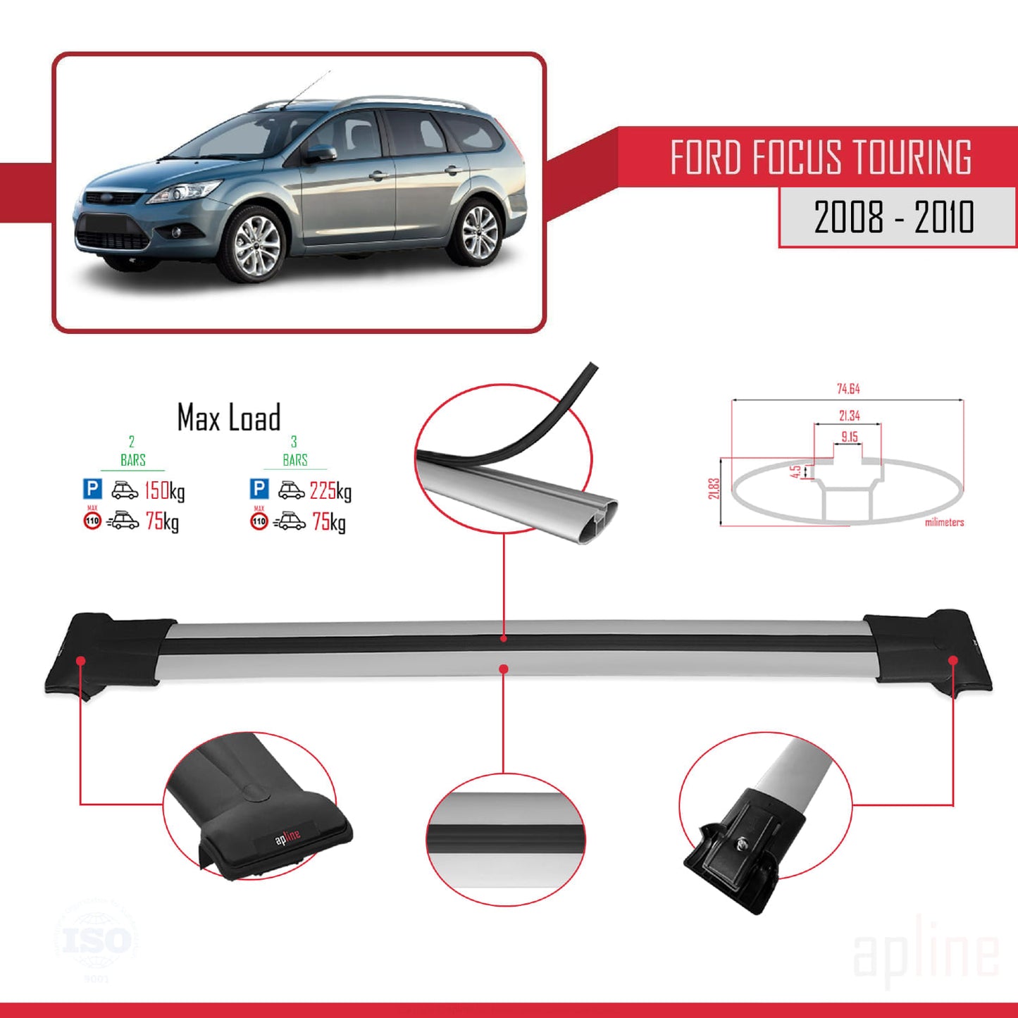 Compatible avec Ford Focus 2 (C307) Turnier 2008-2010 FLY Model Barres de Toit Railing Porte-Bagages de Voiture Gris Aluminium 2 Barres