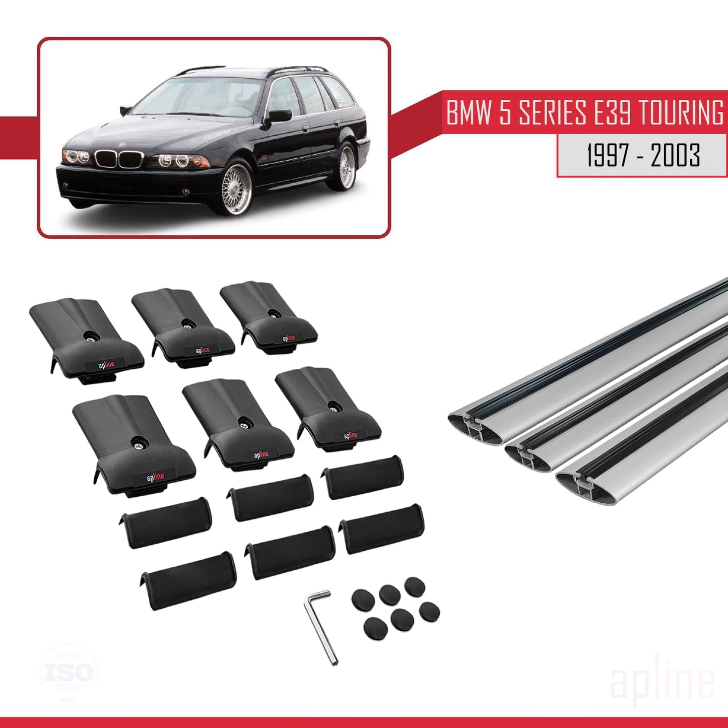 Kompatibel mit BMW 5er (E39) Touring 1997-2003 FLY Modell Dachgepäckträger, graues Aluminium, 3-teilig