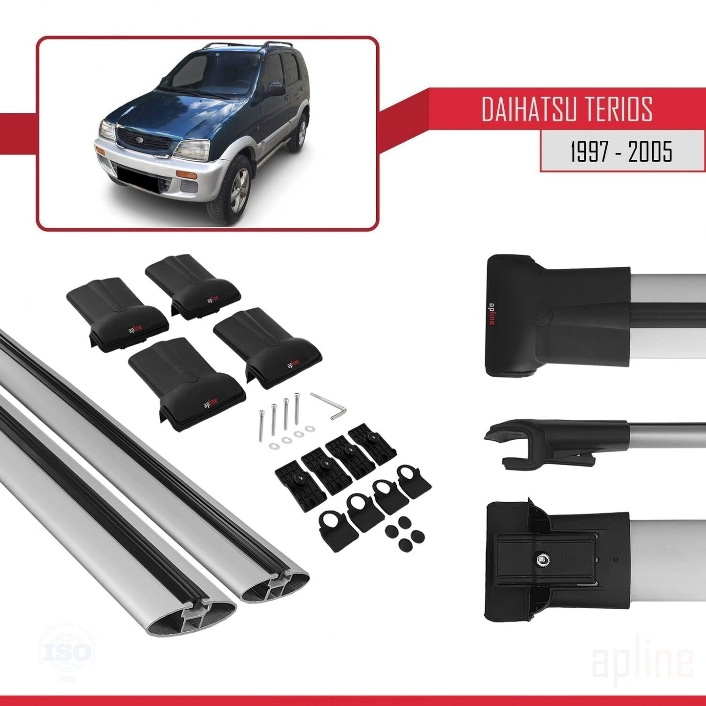 Compatible avec Daihatsu Terios (J100) 1997-2005 FLY Model Barres de Toit Railing Porte-Bagages de Voiture Gris Aluminium 2 Barres