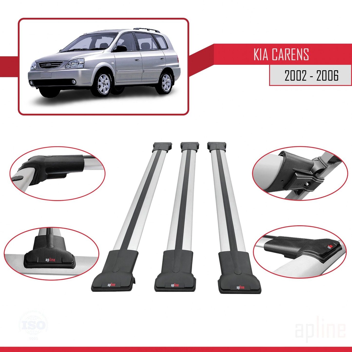 Compatible avec Kia Carens Post-Facelift 2002-2006 FLY Model Barres de Toit Railing Porte-Bagages de Voiture Gris Aluminium 3 Barres