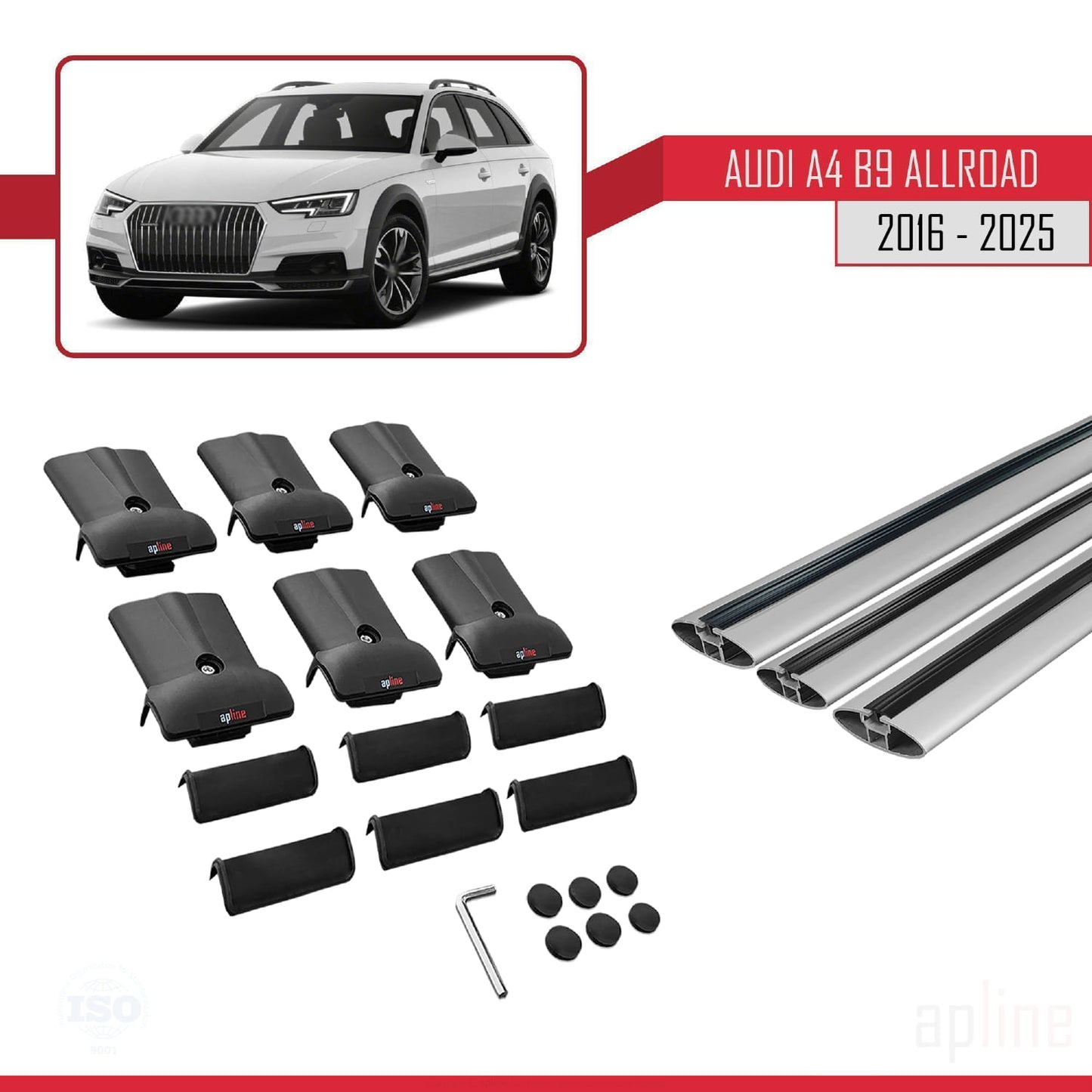 Kompatibel mit A4 (B9) Allroad 2016-2025 FLY Modell Dachgepäckträger, graues Aluminium, 3-Stangen