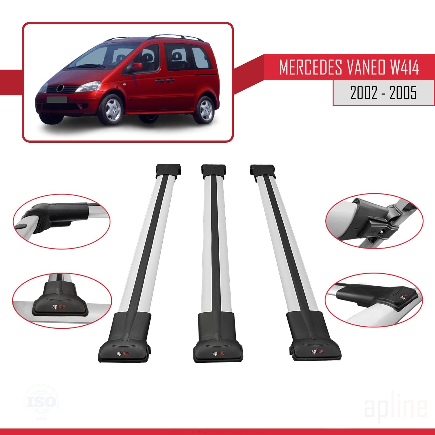 Compatible avec Mercedes Vaneo (W414) 2002-2005 FLY Model Barres de Toit Railing Porte-Bagages de Voiture Gris Aluminium 3 Barres