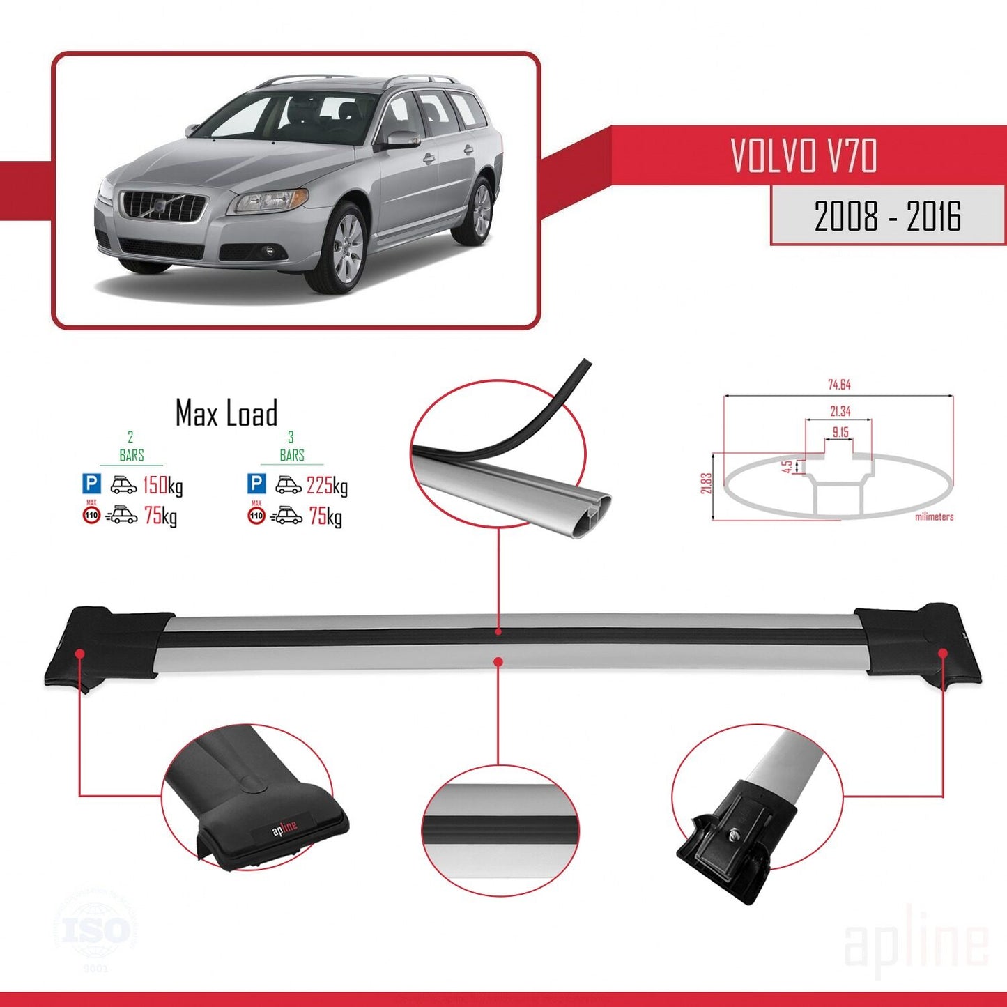 Compatible avec Volvo V70 III 2008-2016 FLY Model Barres de Toit Railing Porte-Bagages de Voiture Gris Aluminium 2 Barres