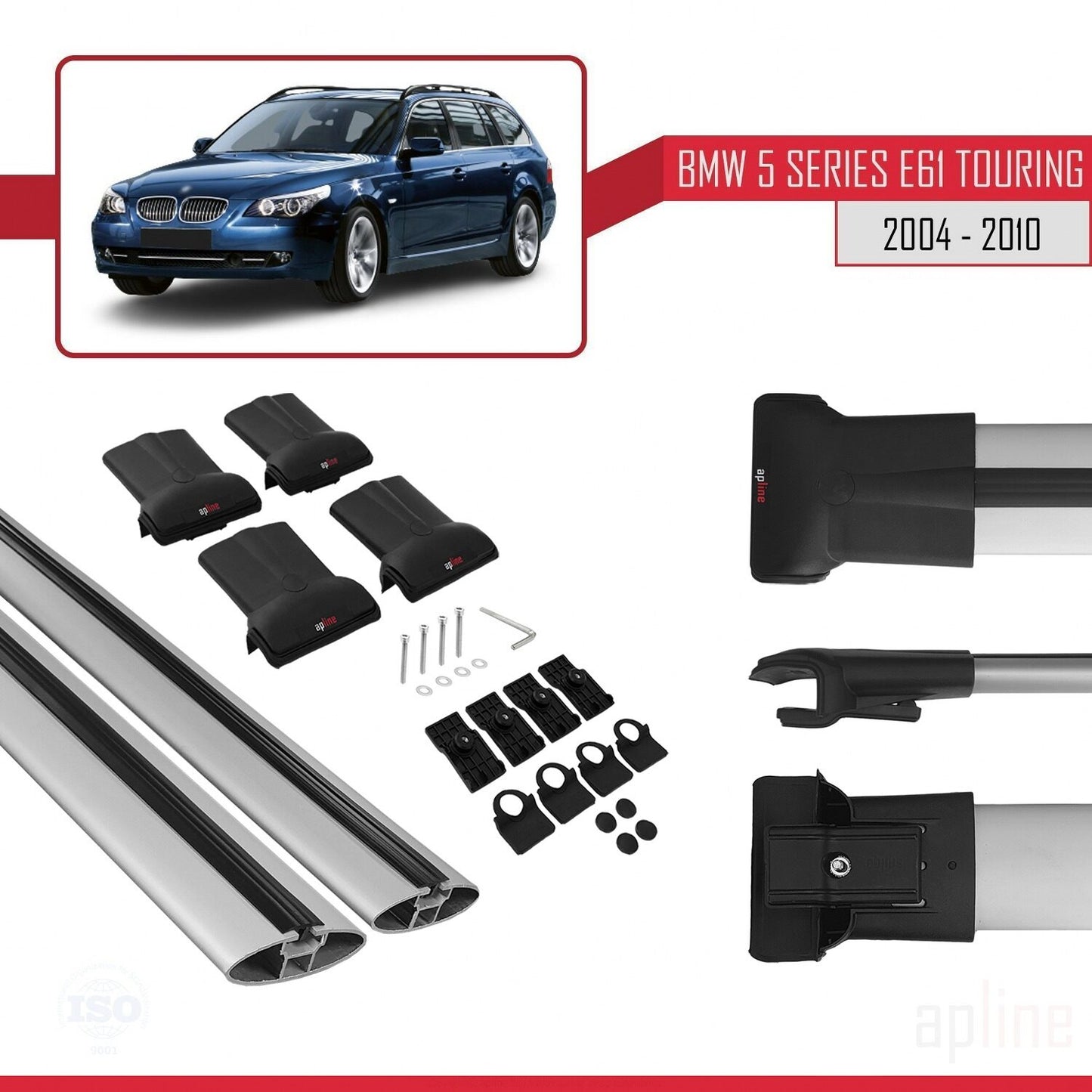 Compatible avec BMW Série 5 (E61) Touring 2004-2010 FLY Model Barres de Toit Railing Porte-Bagages de Voiture Gris Aluminium 2 Barres