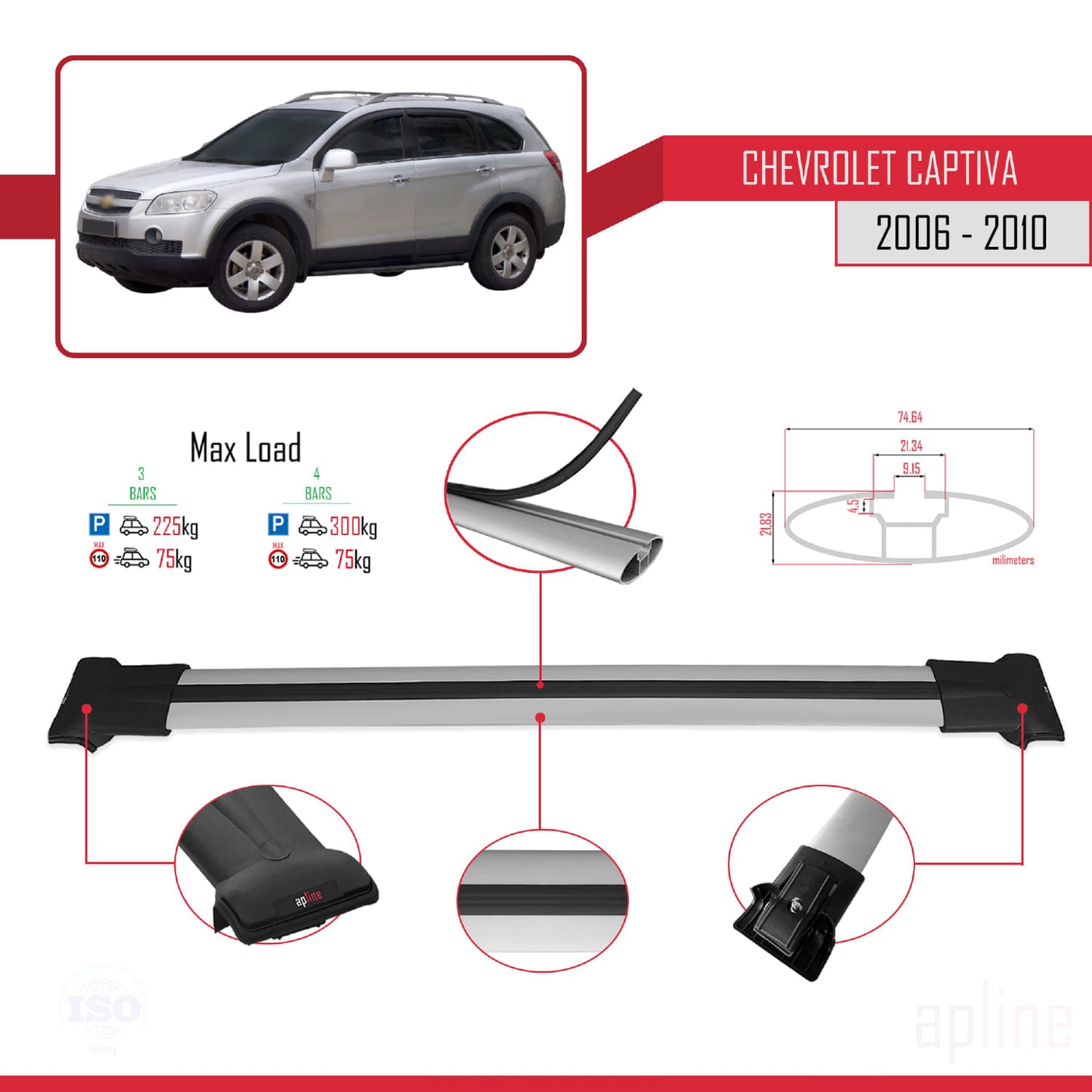 Compatible avec Chevrolet Captiva 2006-2010 FLY Model Barres de Toit Railing Porte-Bagages de Voiture Gris Aluminium 3 Barres