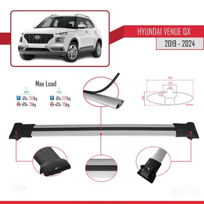 Compatible avec Hyundai Venue (QX) 2019-2024 FLY Model Barres de Toit Railing Porte-Bagages de Voiture Gris Aluminium 2 Barres