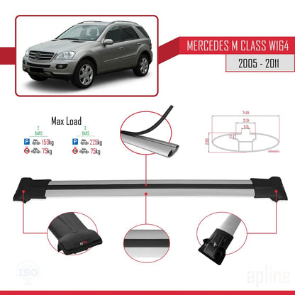 Compatible avec Mercedes Classe M 2 (W164) 2005-2011 FLY Model Barres de Toit Railing Porte-Bagages de Voiture Gris Aluminium 2 Barres