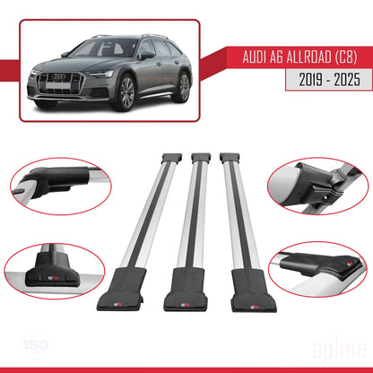 Compatible avec A6 (C8) Allroad 2019-2025 FLY Model Barres de Toit Railing Porte-Bagages de Voiture Gris Aluminium 3 Barres