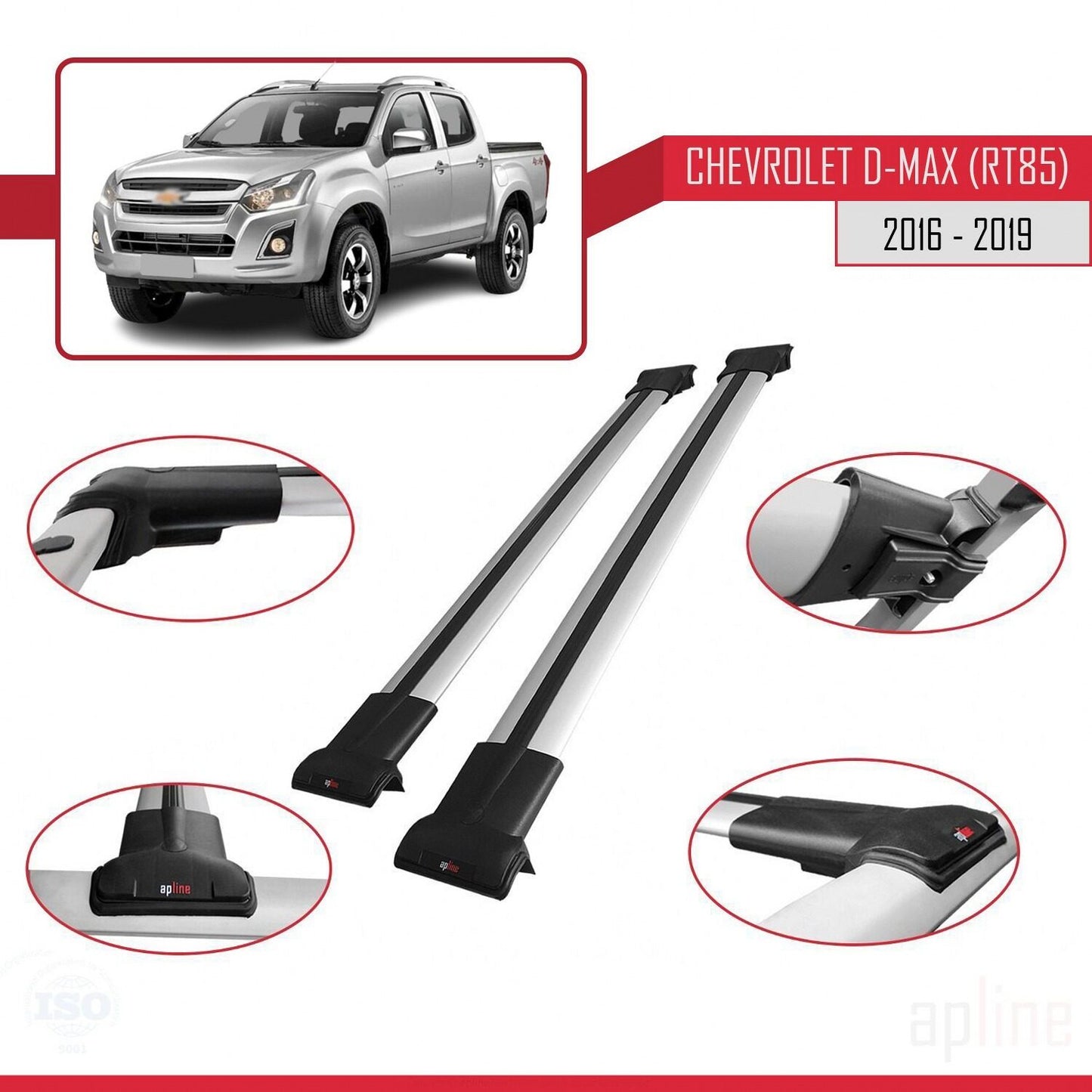 Compatible avec Chevrolet D-Max (RT85) 2016-2019 FLY Model Barres de Toit Railing Porte-Bagages de Voiture Gris Aluminium 2 Barres
