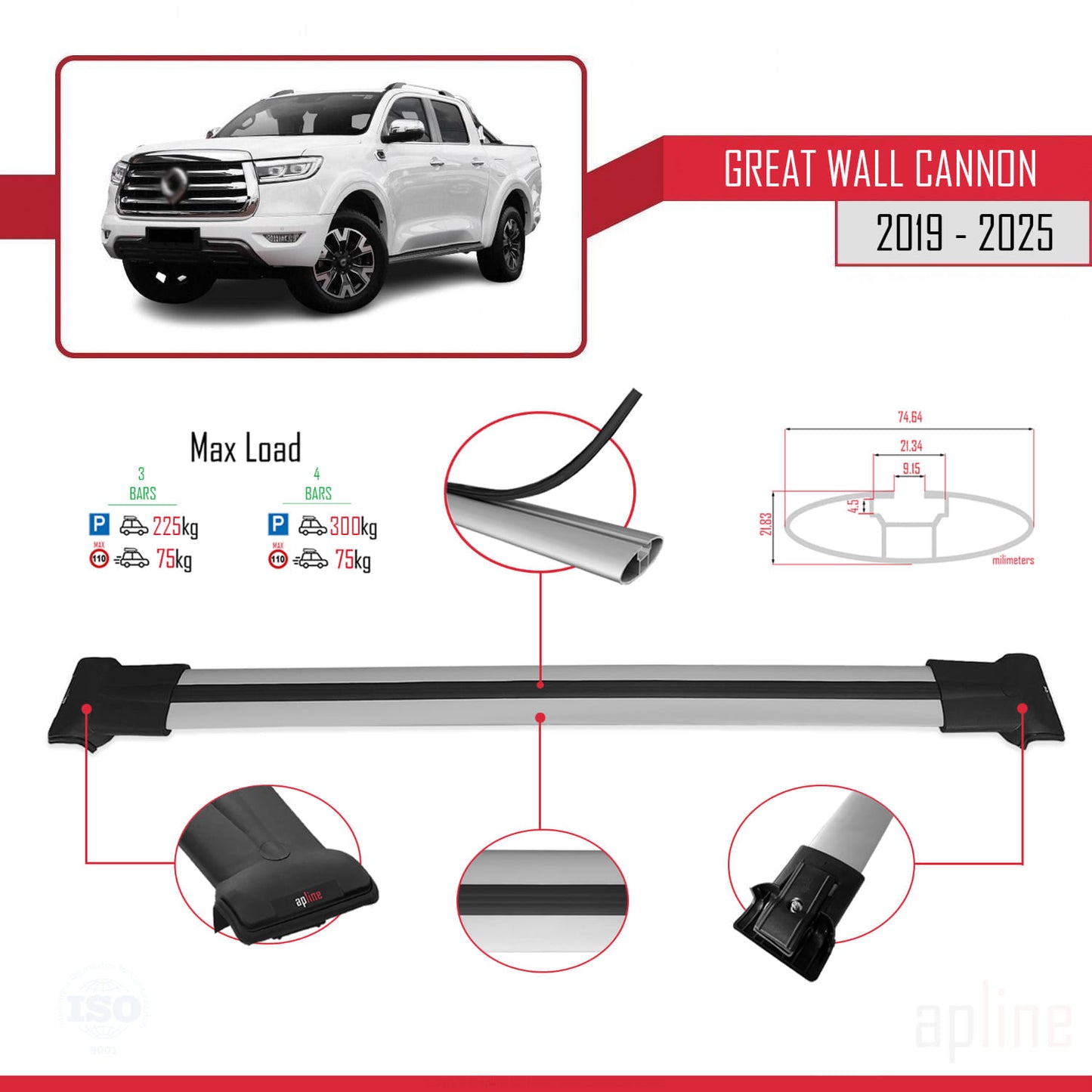 Compatible avec Great Wall Cannon 2019-2025 FLY Model Barres de Toit Railing Porte-Bagages de Voiture Gris Aluminium 3 Barres
