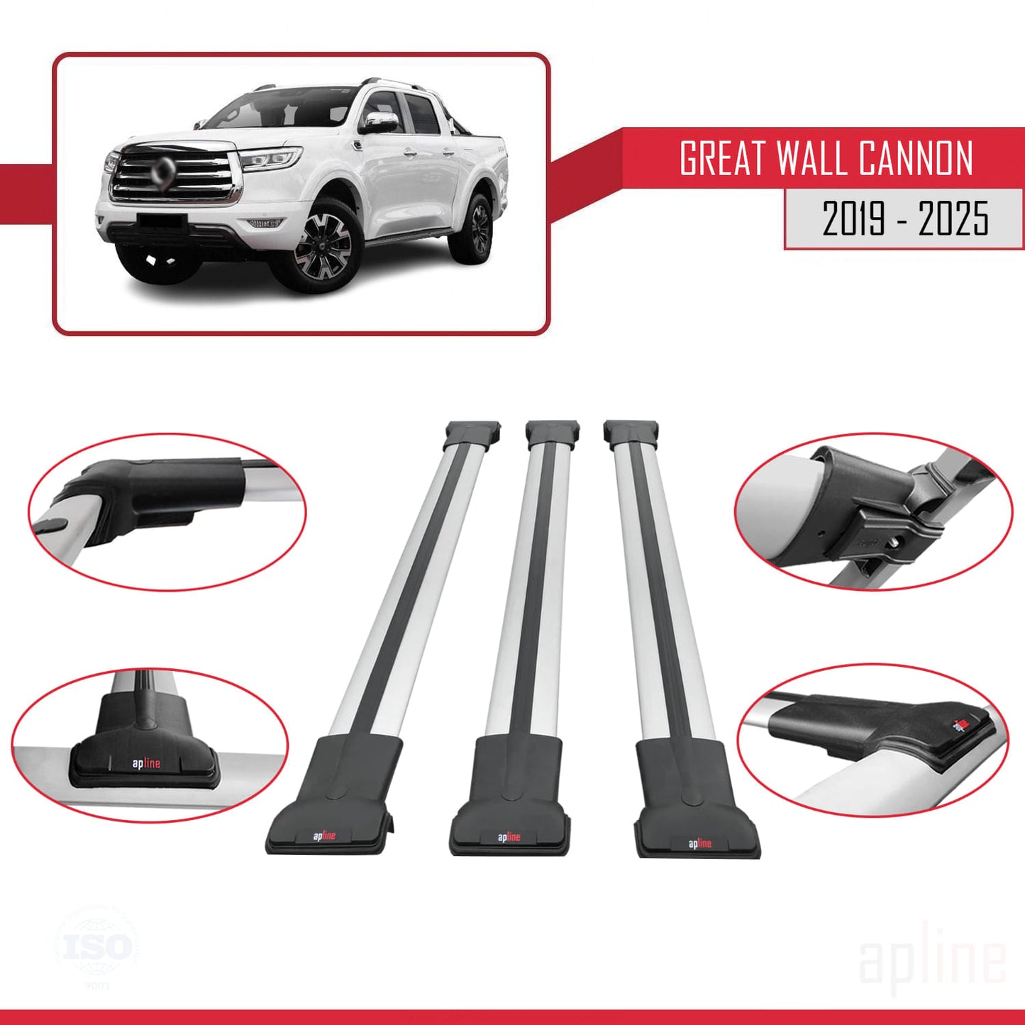 Compatible avec Great Wall Cannon 2019-2025 FLY Model Barres de Toit Railing Porte-Bagages de Voiture Gris Aluminium 3 Barres