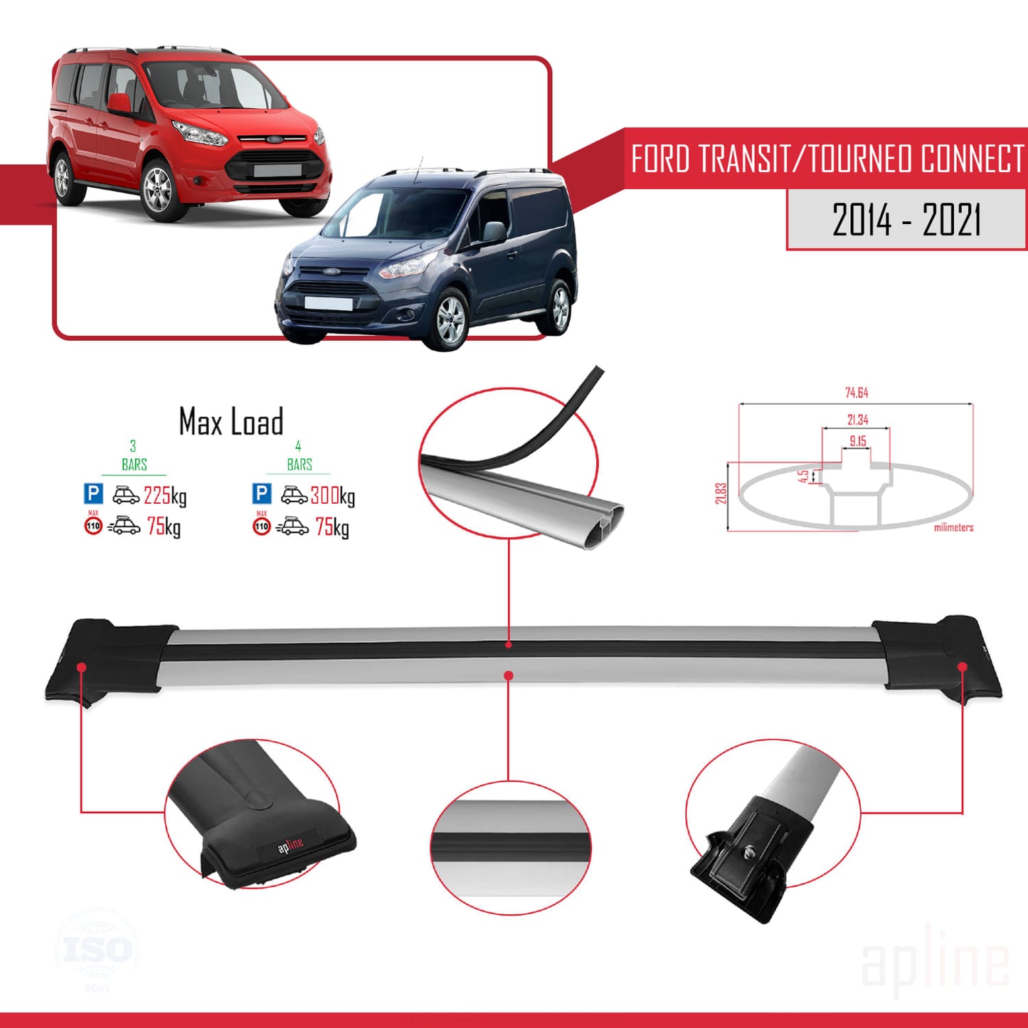 Compatible with Ford Transit/Tourneo Connect 2 2014-2021 FLY Model Car Roof Rack Cross Bar Grey Aluminium 3 Bars