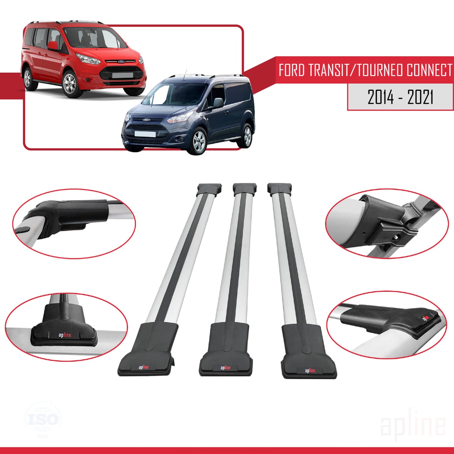 Compatible with Ford Transit/Tourneo Connect 2 2014-2021 FLY Model Car Roof Rack Cross Bar Grey Aluminium 3 Bars