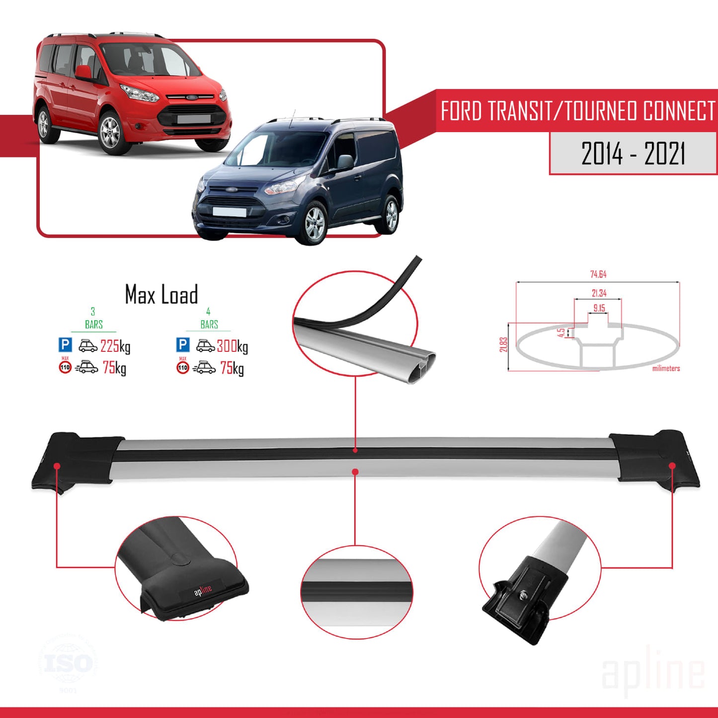 Compatible with Ford Transit/Tourneo Connect 2 2014-2021 FLY Model Car Roof Rack Cross Bar Grey Aluminium 4 Bars