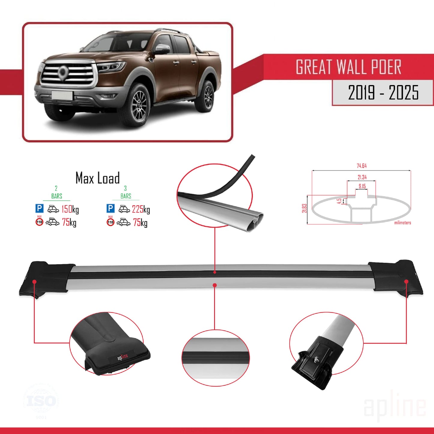 Compatible avec Great Wall Poer 2019-2025 FLY Model Barres de Toit Railing Porte-Bagages de Voiture Gris Aluminium 2 Barres