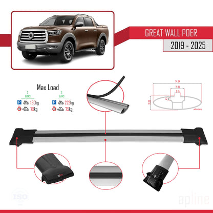 Compatible avec Great Wall Poer 2019-2025 FLY Model Barres de Toit Railing Porte-Bagages de Voiture Gris Aluminium 2 Barres