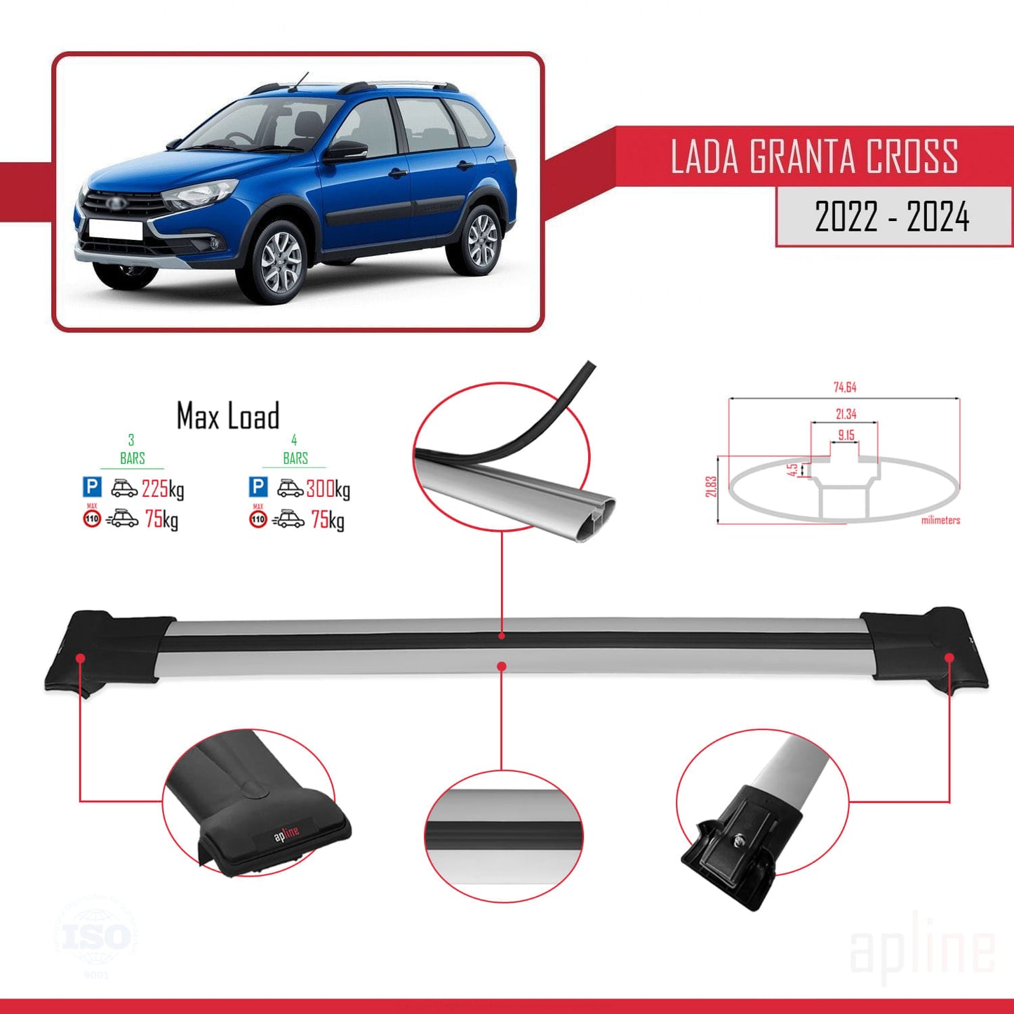 Compatible with Lada Granta Cross 2022-2024 FLY Model Car Roof Rack Cross Bar Grey Aluminium 3 Bars