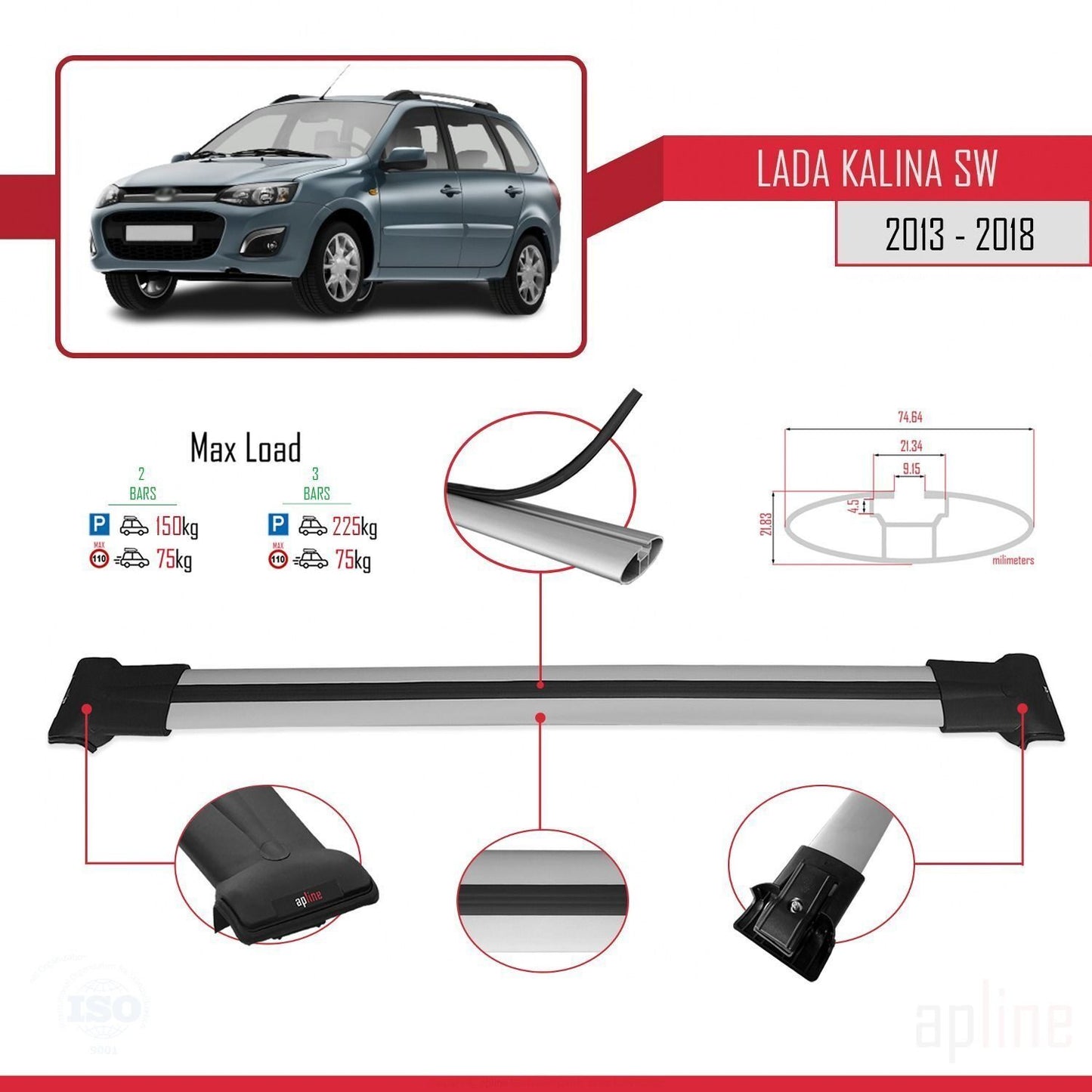 Compatible with Lada Kalina 2 SW 2013-2018 FLY Model Car Roof Rack Cross Bar Grey Aluminium 2 Bars