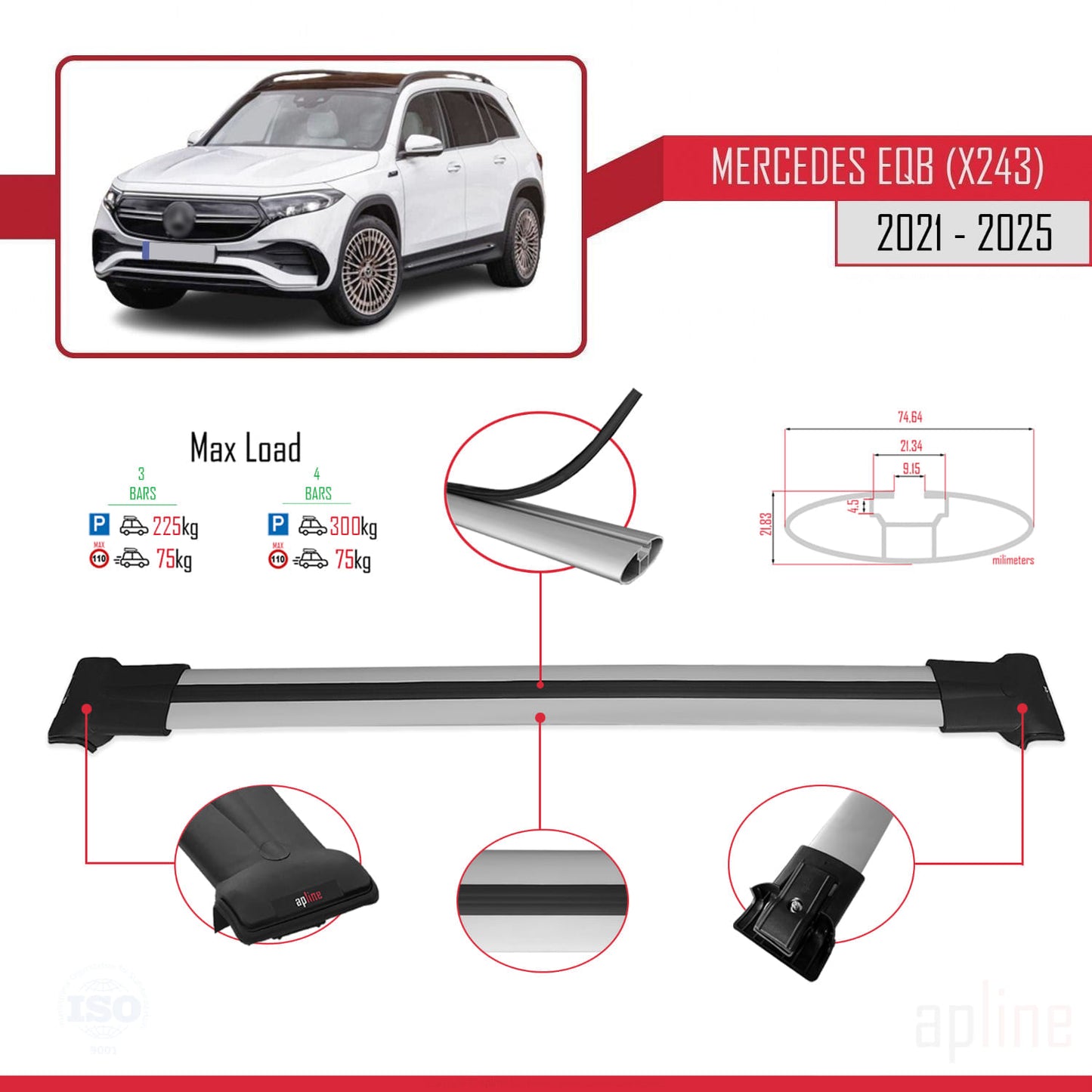 Compatible avec Mercedes EQB (X243) 2021-2025 FLY Model Barres de Toit Railing Porte-Bagages de Voiture Gris Aluminium 3 Barres