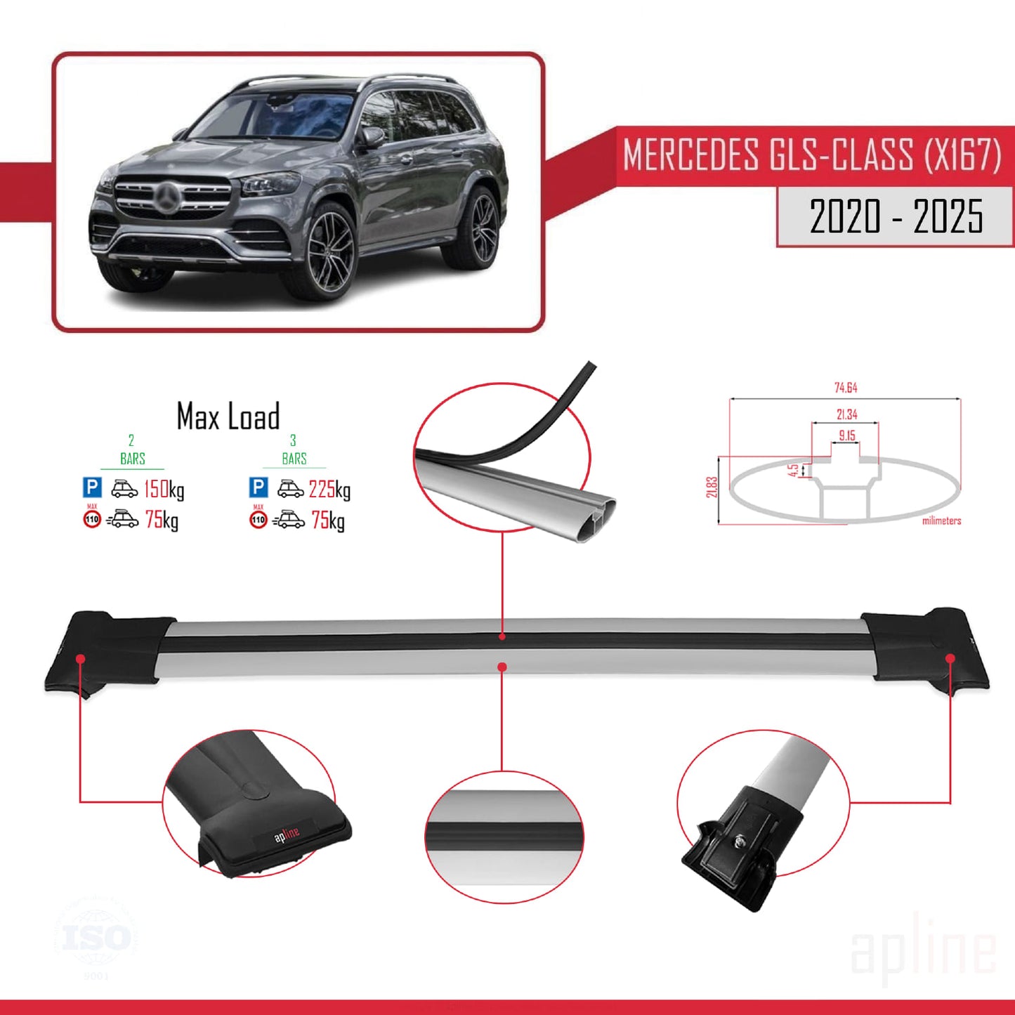 Compatible avec Mercedes Classe GLS (X167) 2020-2025 FLY Model Barres de Toit Railing Porte-Bagages de Voiture Gris Aluminium 2 Barres