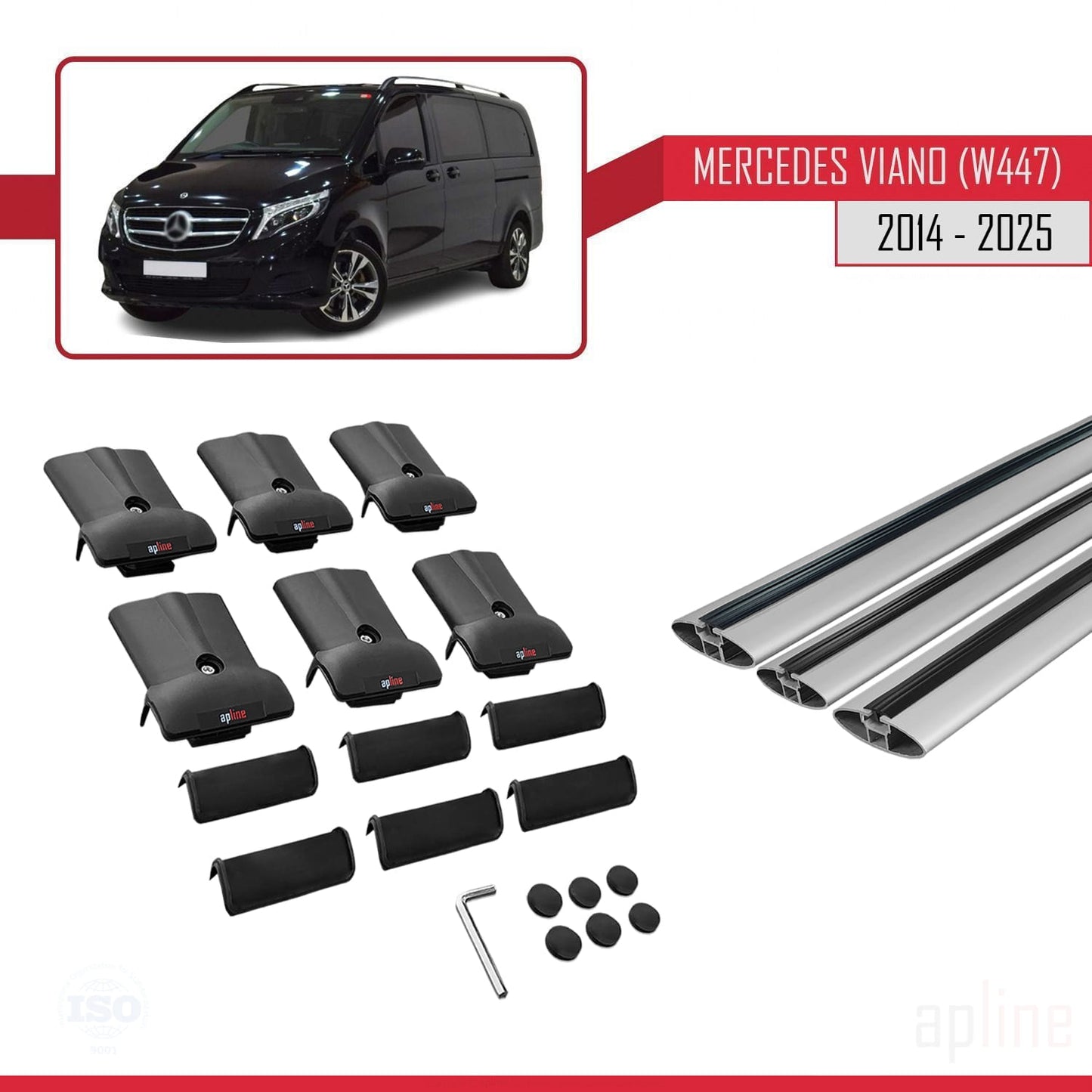 Compatible avec Mercedes Viano 3 (W447) 2014-2025 FLY Model Barres de Toit Railing Porte-Bagages de Voiture Gris Aluminium 3 Barres