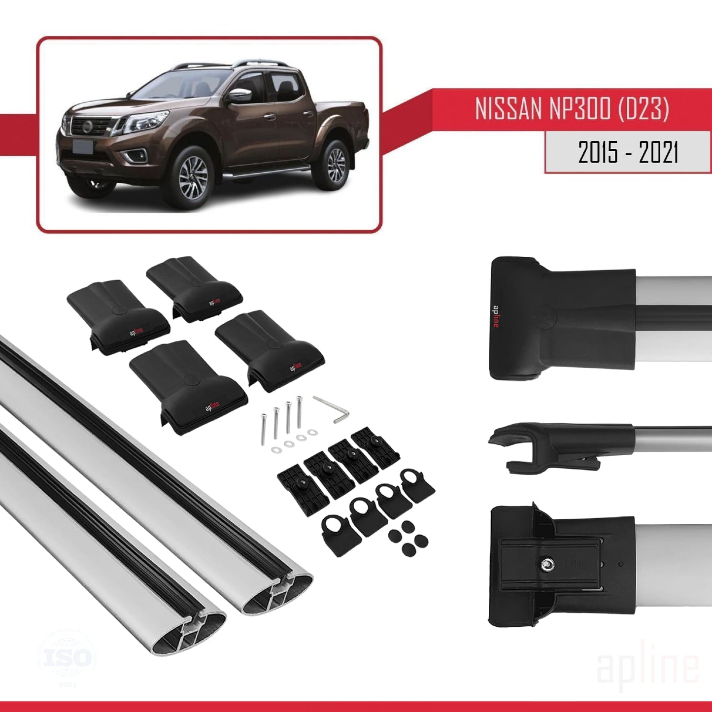 Compatible avec Nissan NP300 (D23) 2015-2021 FLY Model Barres de Toit Railing Porte-Bagages de Voiture Gris Aluminium 2 Barres