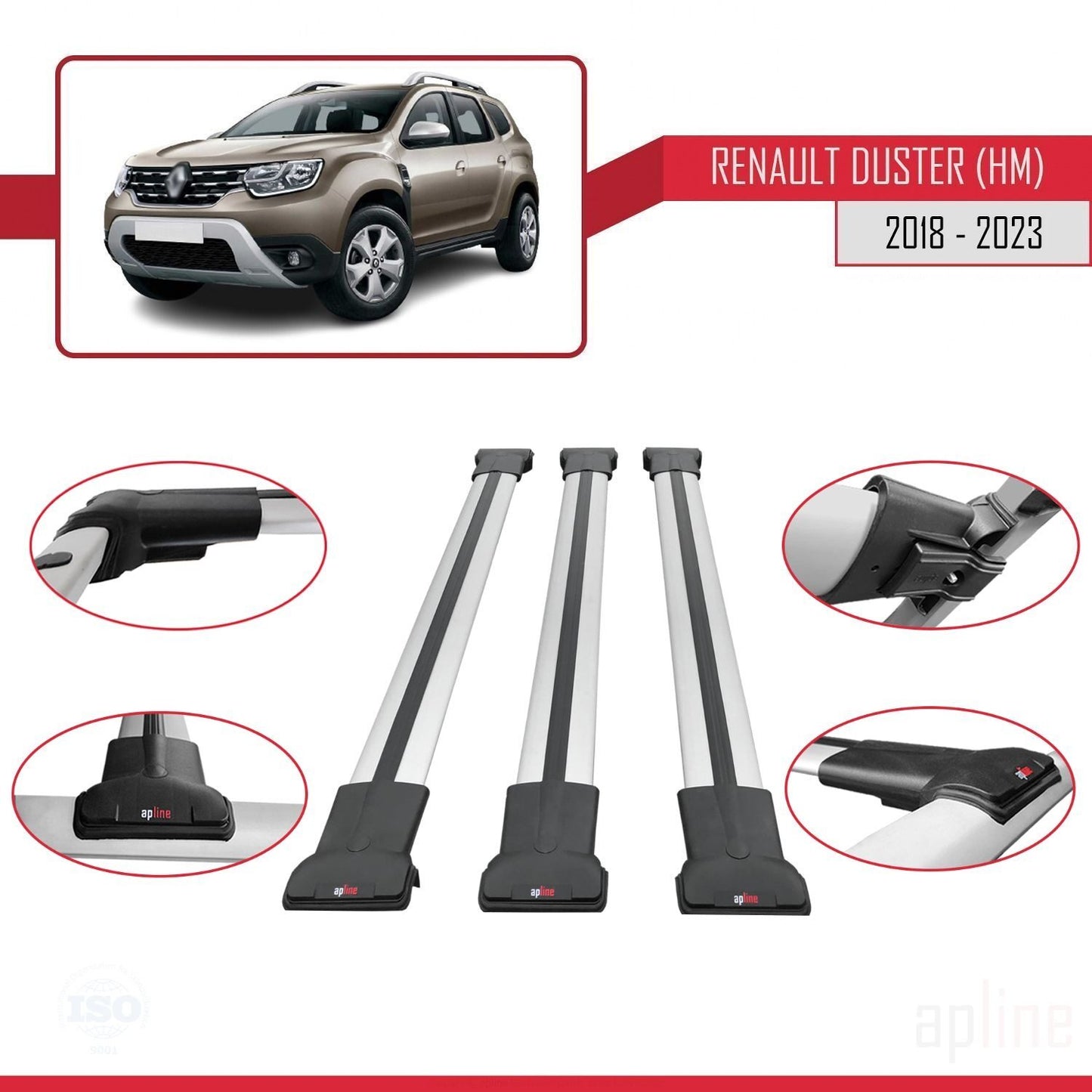 Compatible avec Renault Duster 2 (HM) 2018-2024 FLY Model Barres de Toit Railing Porte-Bagages de Voiture Gris Aluminium 3 Barres