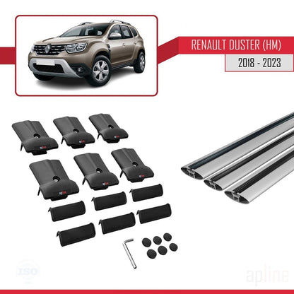 Compatible avec Renault Duster 2 (HM) 2018-2024 FLY Model Barres de Toit Railing Porte-Bagages de Voiture Gris Aluminium 3 Barres