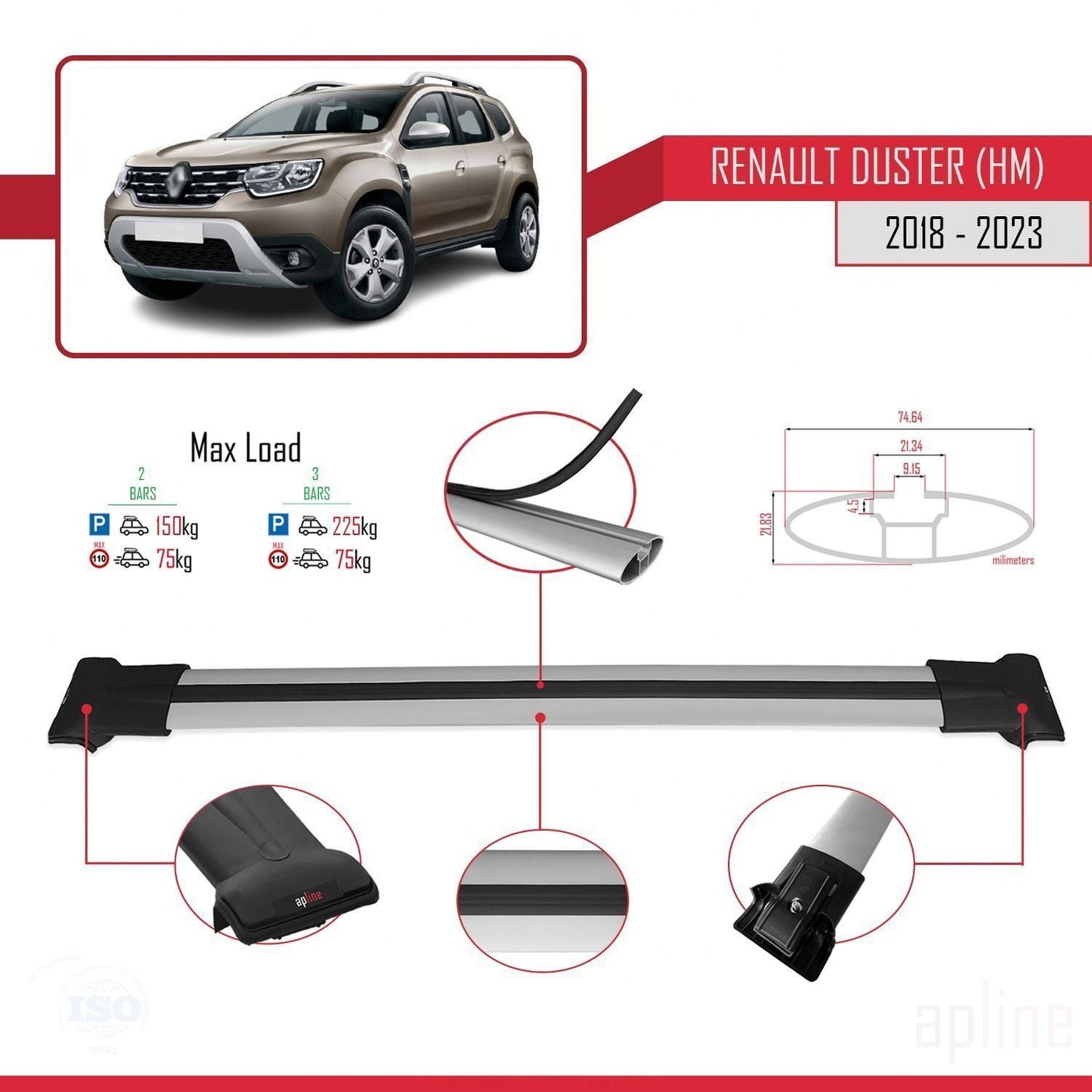 Compatible with Renault Duster 2 (HM) 2018-2024 FLY Model Car Roof Rack Cross Bar Grey Aluminium 2 Bars