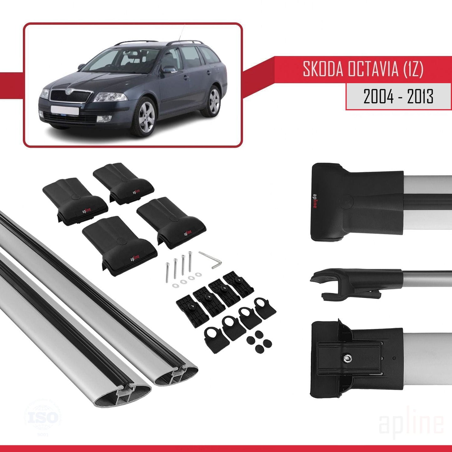 Compatible avec Skoda Octavia 2 (1Z) 2004-2013 FLY Model Barres de Toit Railing Porte-Bagages de Voiture Gris Aluminium 2 Barres