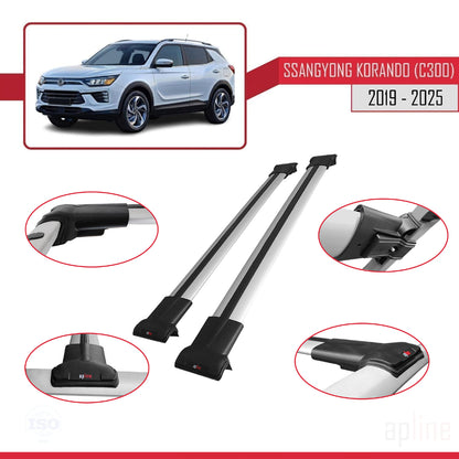 Compatible avec Ssangyong Korando 4 (C300) 2019-2025 FLY Model Barres de Toit Railing Porte-Bagages de Voiture Gris Aluminium 2 Barres