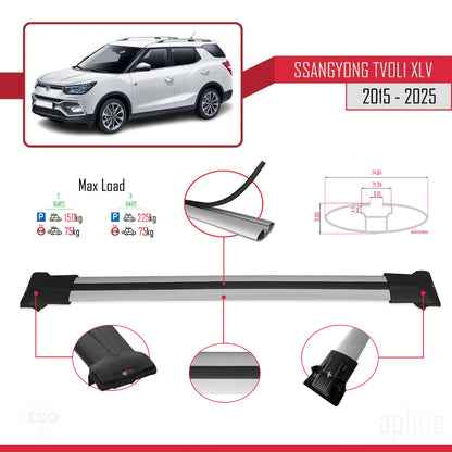 Compatible avec Ssangyong Tivoli XLV 2015-2025 FLY Model Barres de Toit Railing Porte-Bagages de Voiture Gris Aluminium 2 Barres