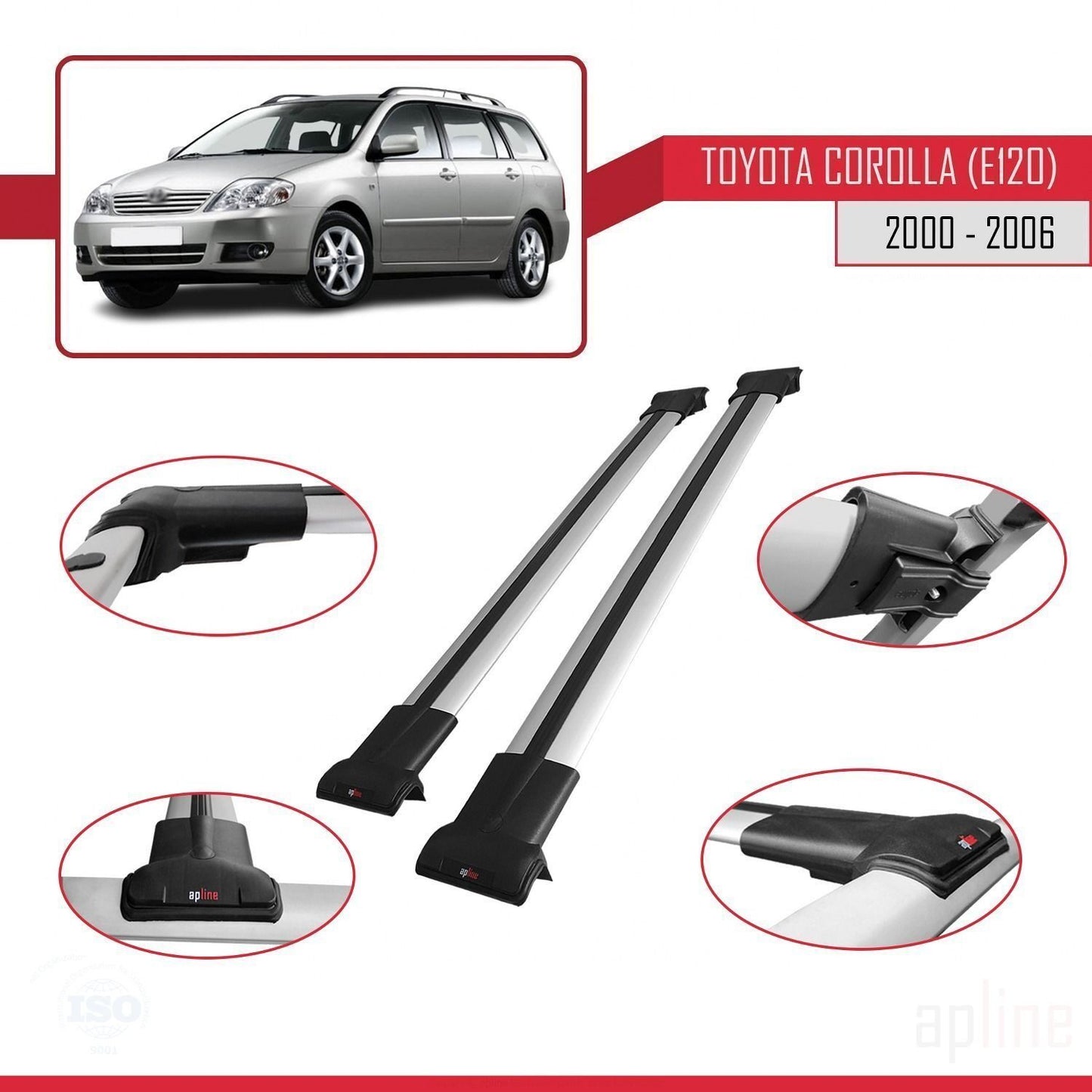 Compatible avec Toyota Corolla 9 (E120) Break 2000-2006 FLY Model Barres de Toit Railing Porte-Bagages de Voiture Gris Aluminium 2 Barres