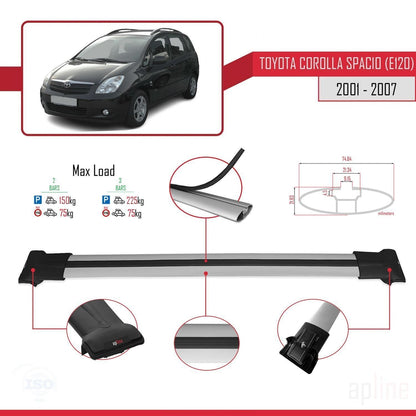 Compatible avec Toyota Corolla Spacio 2 (E120) 2001-2007 FLY Model Barres de Toit Railing Porte-Bagages de Voiture Gris Aluminium 2 Barres