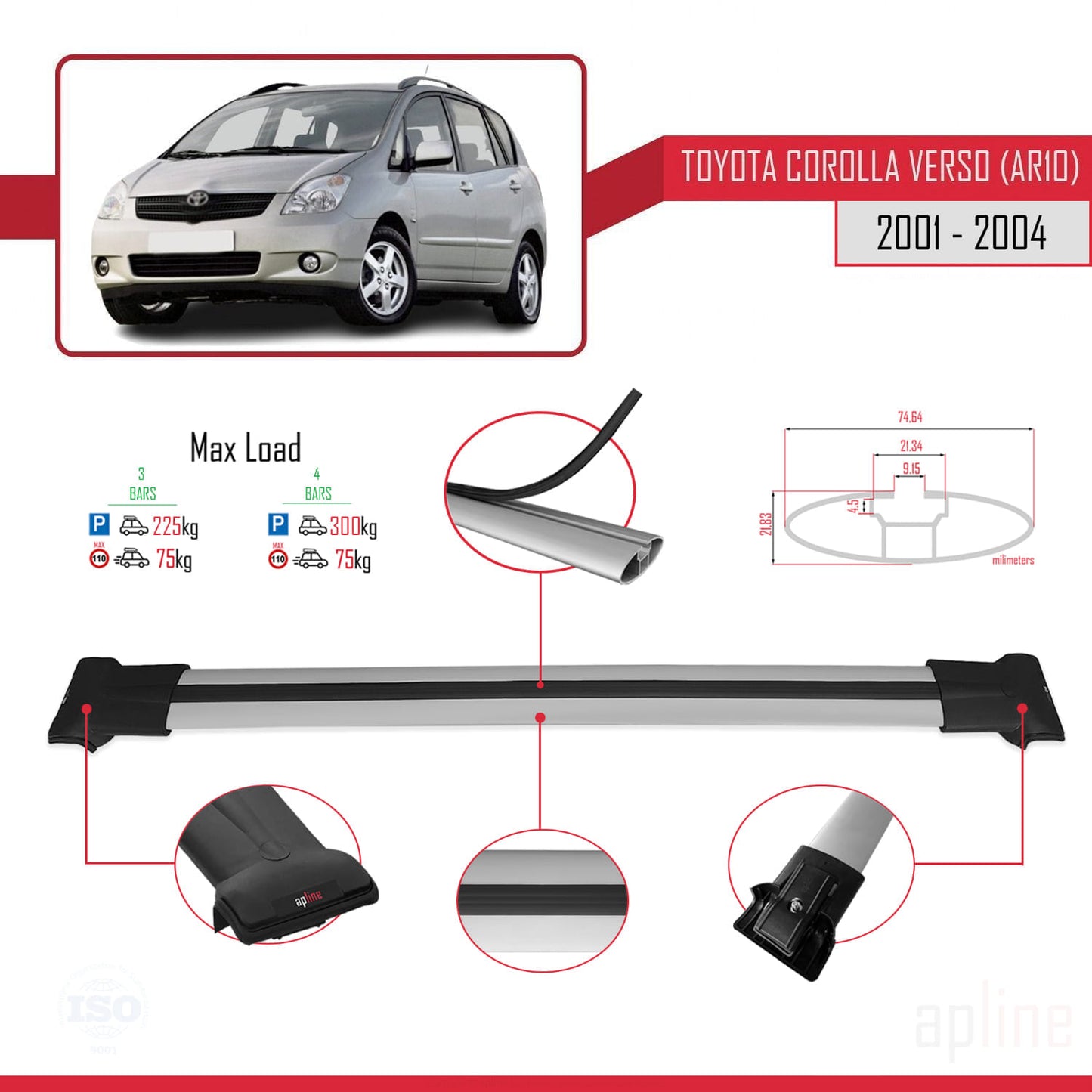 Compatible avec Toyota Corolla Verso (E120) 2001-2004 FLY Model Barres de Toit Railing Porte-Bagages de Voiture Gris Aluminium 3 Barres