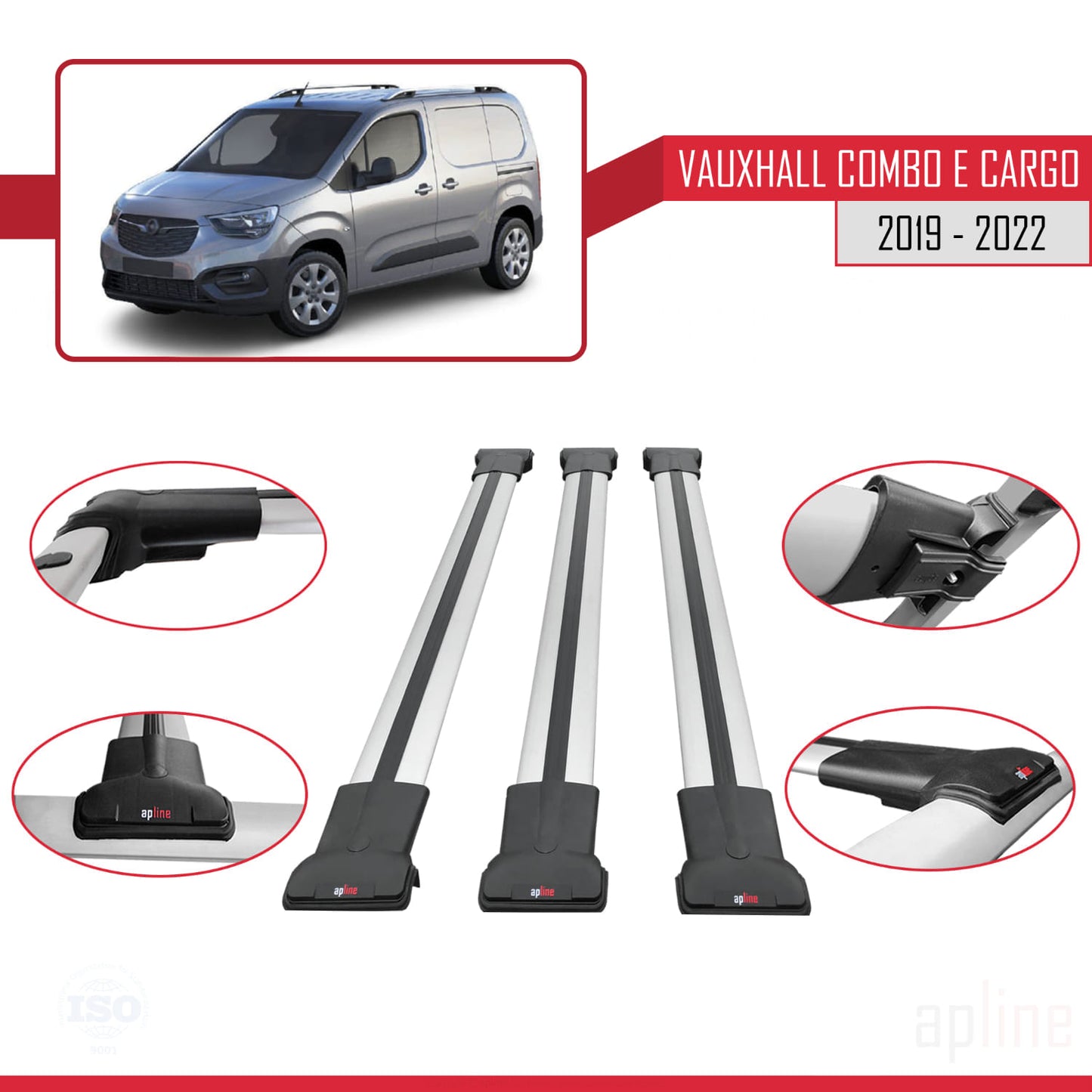 Compatible avec Vauxhall Combo E Cargo 2019-2022 FLY Model Barres de Toit Railing Porte-Bagages de Voiture Gris Aluminium 3 Barres