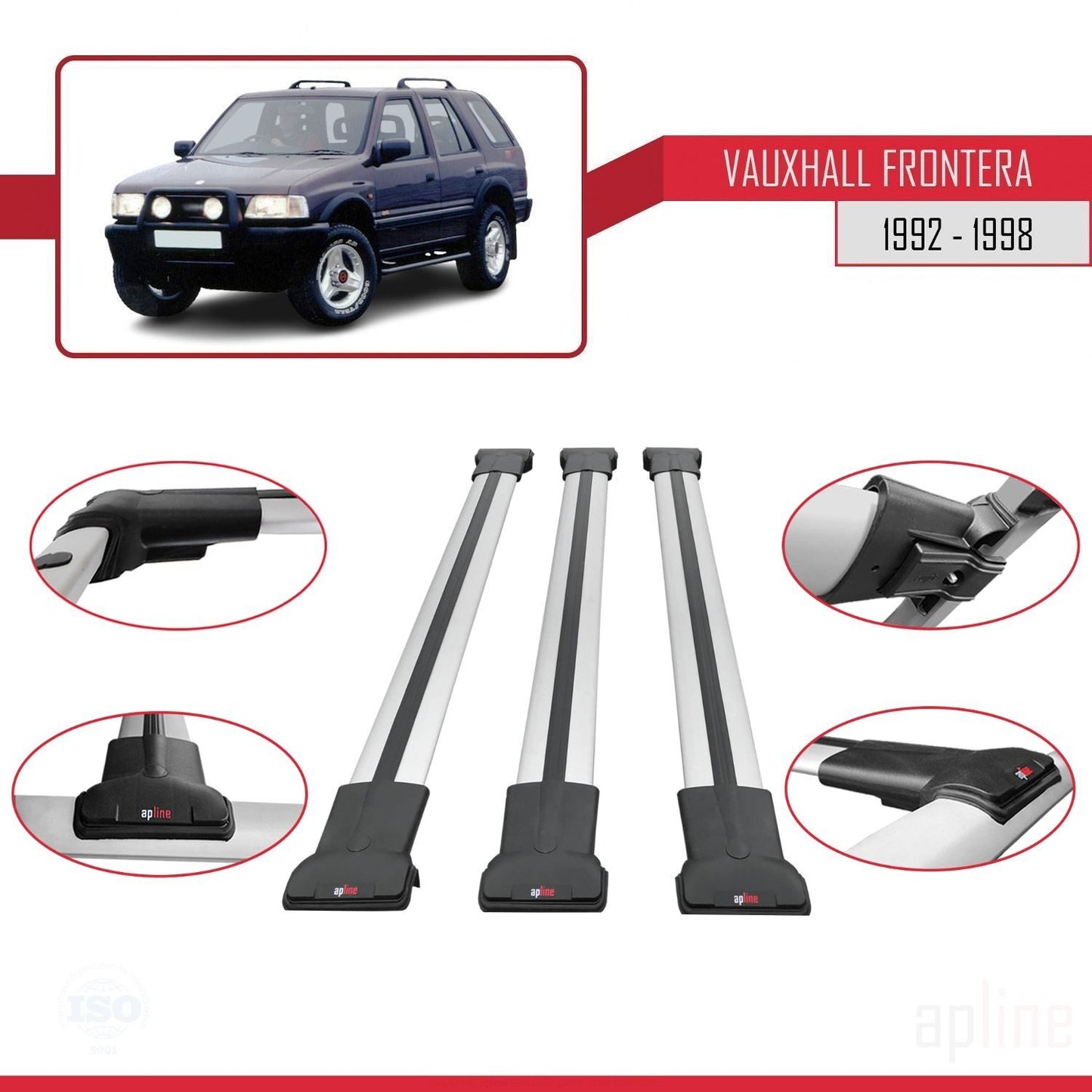 Compatible avec Vauxhall Frontera 1992-1998 FLY Model Barres de Toit Railing Porte-Bagages de Voiture Gris Aluminium 3 Barres
