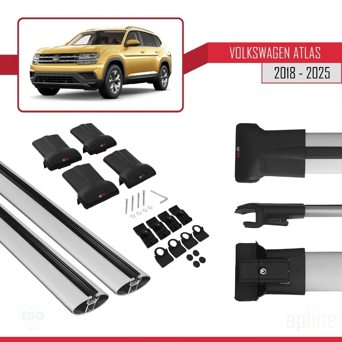 Compatible avec Volkswagen Atlas (CA1) 2018-2025 FLY Model Barres de Toit Railing Porte-Bagages de Voiture Gris Aluminium 2 Barres