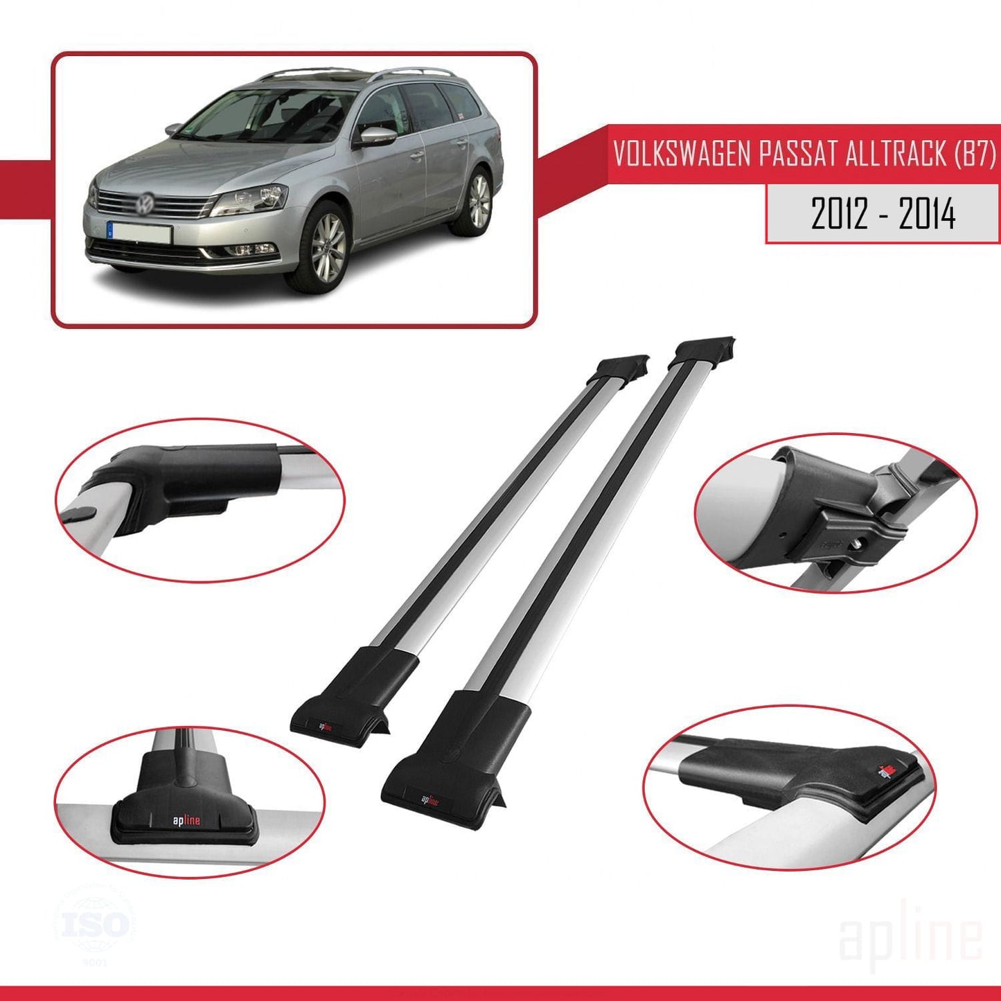 Compatible avec Volkswagen Passat B7 (3C) Alltrack 2012-2014 FLY Model Barres de Toit Railing Porte-Bagages de Voiture Gris Aluminium 2 Barres