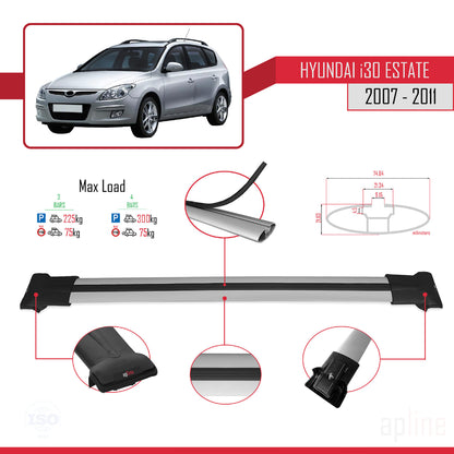 Compatible avec Hyundai i30 (FD) Break 2007-2011 FLY Model Barres de Toit Railing Porte-Bagages de Voiture Gris Aluminium 3 Barres