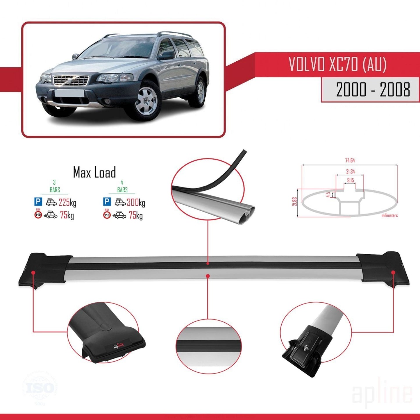 Compatible avec Volvo XC70 (P2) 2000-2007 FLY Model Barres de Toit Railing Porte-Bagages de Voiture Gris Aluminium 3 Barres