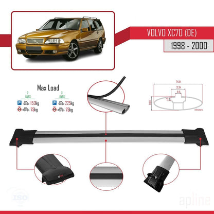 Compatible avec Volvo XC70 1998-2000 FLY Model Barres de Toit Railing Porte-Bagages de Voiture Gris Aluminium 2 Barres