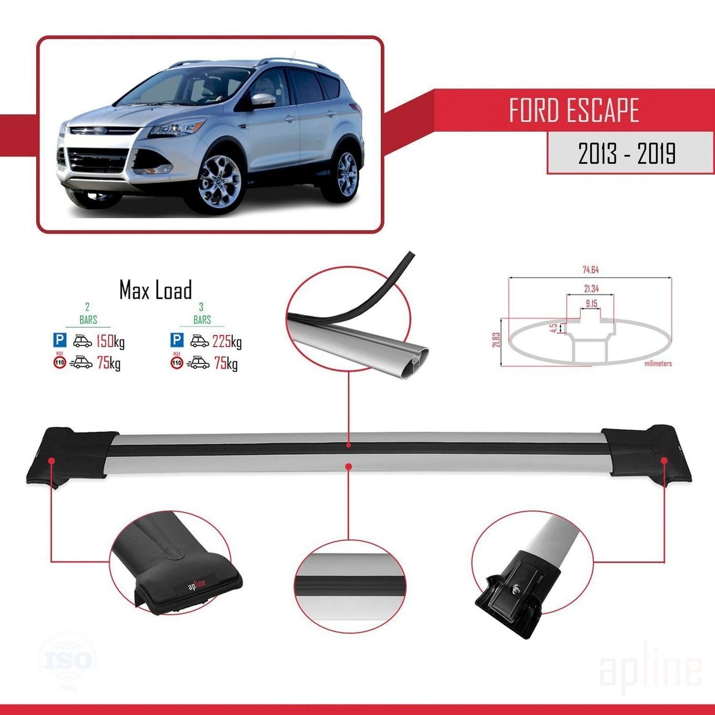 Compatible avec Ford Escape 3 2013-2019 FLY Model Barres de Toit Railing Porte-Bagages de Voiture Gris Aluminium 2 Barres