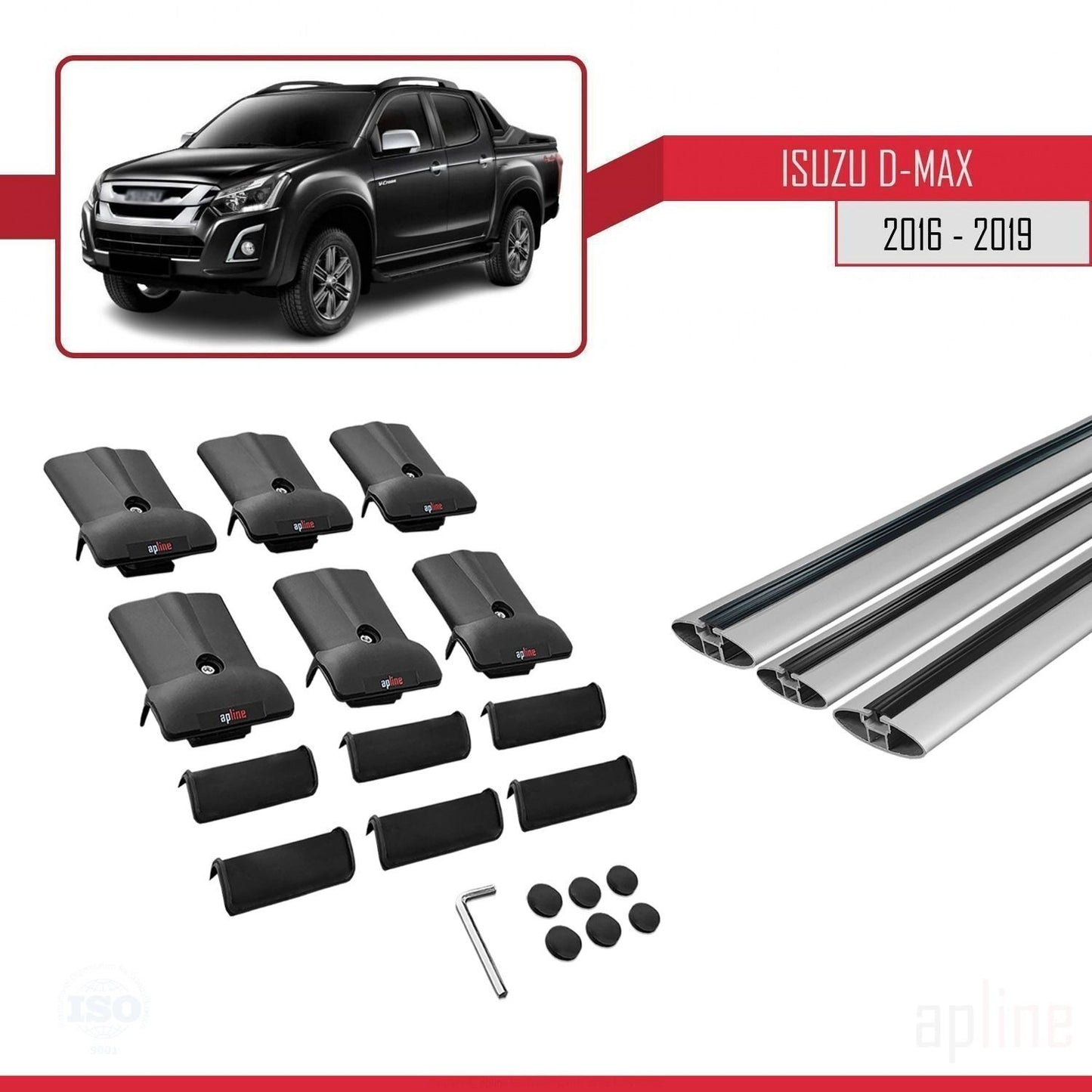 Compatible avec Isuzu D-Max 2 (RT85) Post-Facelift 2016-2019 FLY Model Barres de Toit Railing Porte-Bagages de Voiture Gris Aluminium 3 Barres