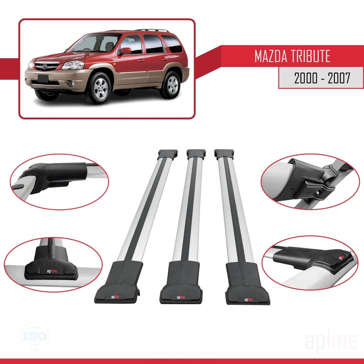 Compatible avec Mazda Tribute 2000-2007 FLY Model Barres de Toit Railing Porte-Bagages de Voiture Gris Aluminium 3 Barres