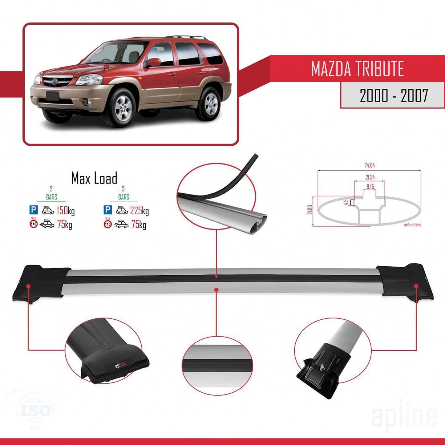 Compatible avec Mazda Tribute 2000-2007 FLY Model Barres de Toit Railing Porte-Bagages de Voiture Gris Aluminium 2 Barres