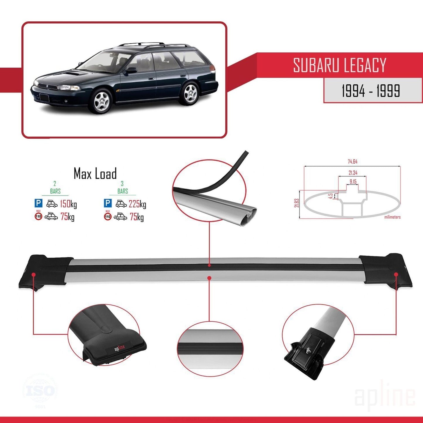 Compatible avec Subaru Legacy 2 (BD) 1994-1999 FLY Model Barres de Toit Railing Porte-Bagages de Voiture Gris Aluminium 2 Barres