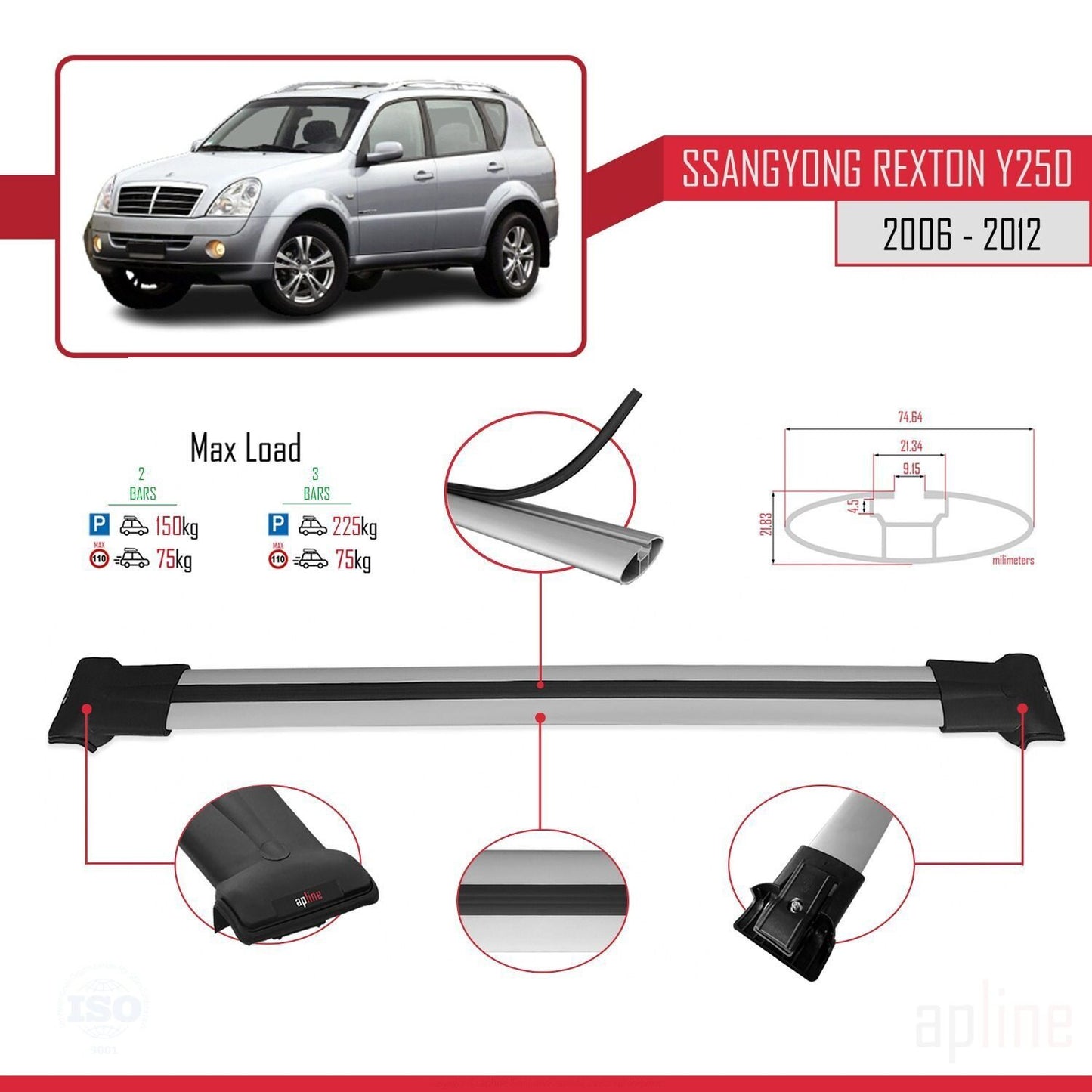 Compatible avec Ssangyong Rexton (Y250) 2006-2012 FLY Model Barres de Toit Railing Porte-Bagages de Voiture Gris Aluminium 2 Barres