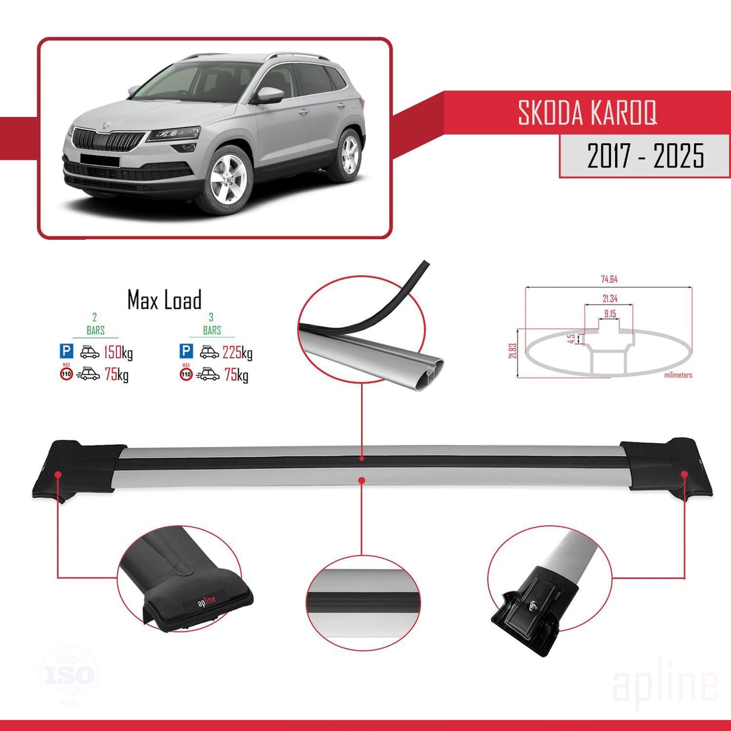 Compatible avec Skoda Karoq 2017-2025 FLY Model Barres de Toit Railing Porte-Bagages de Voiture Gris Aluminium 2 Barres