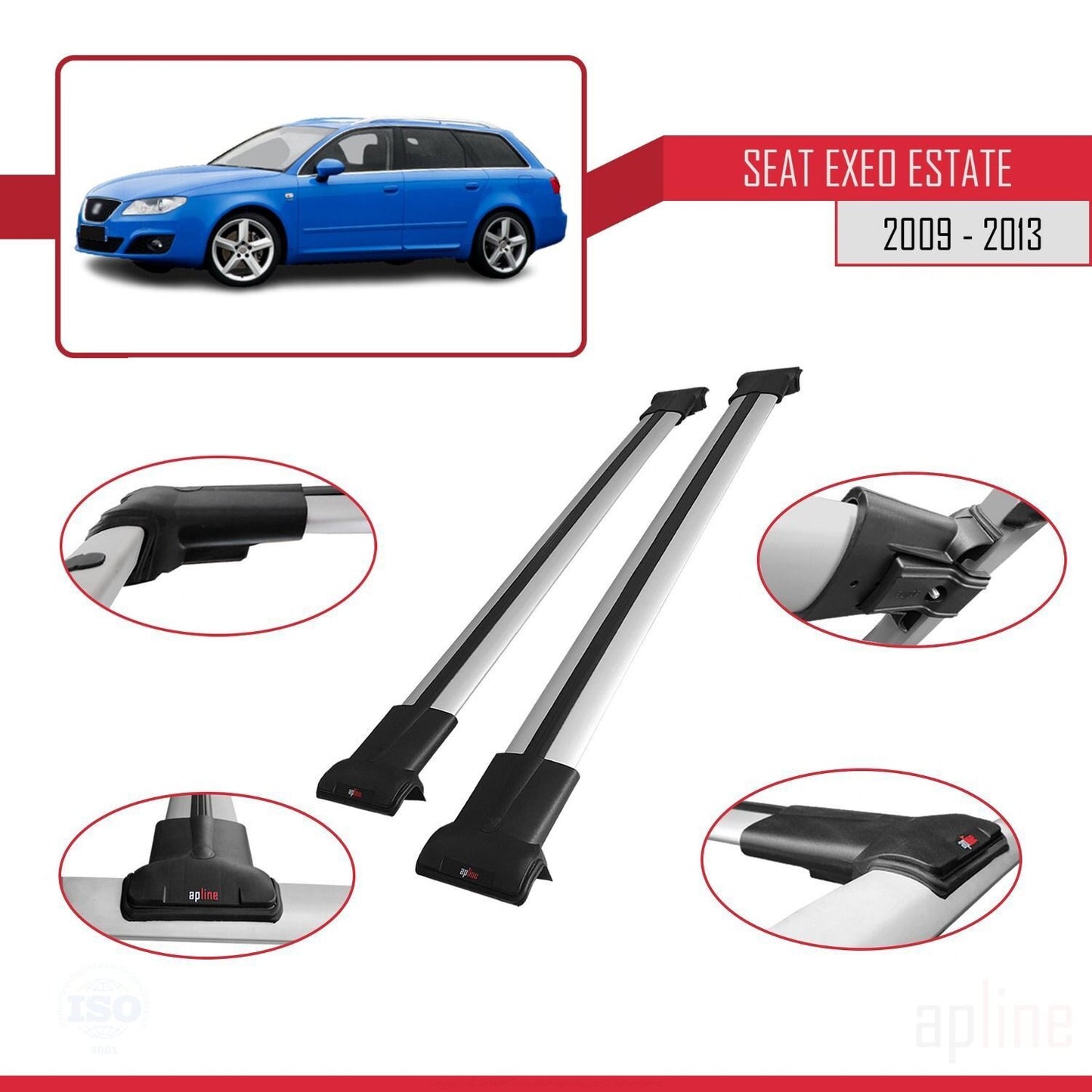 Compatible avec Seat Exeo (3R9) ST 2009-2013 FLY Model Barres de Toit Railing Porte-Bagages de Voiture Gris Aluminium 2 Barres